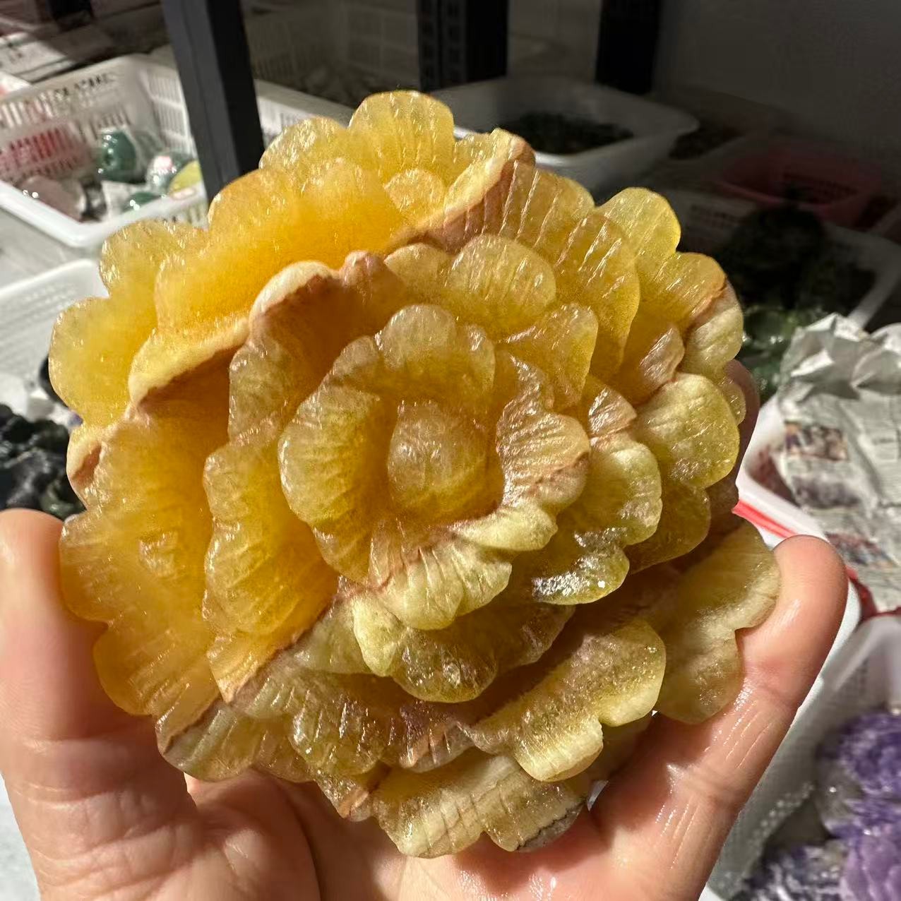 1PC Natural Yellow Calcite Quartz Carved Flower Skull Crystal Reiki Decor Gift