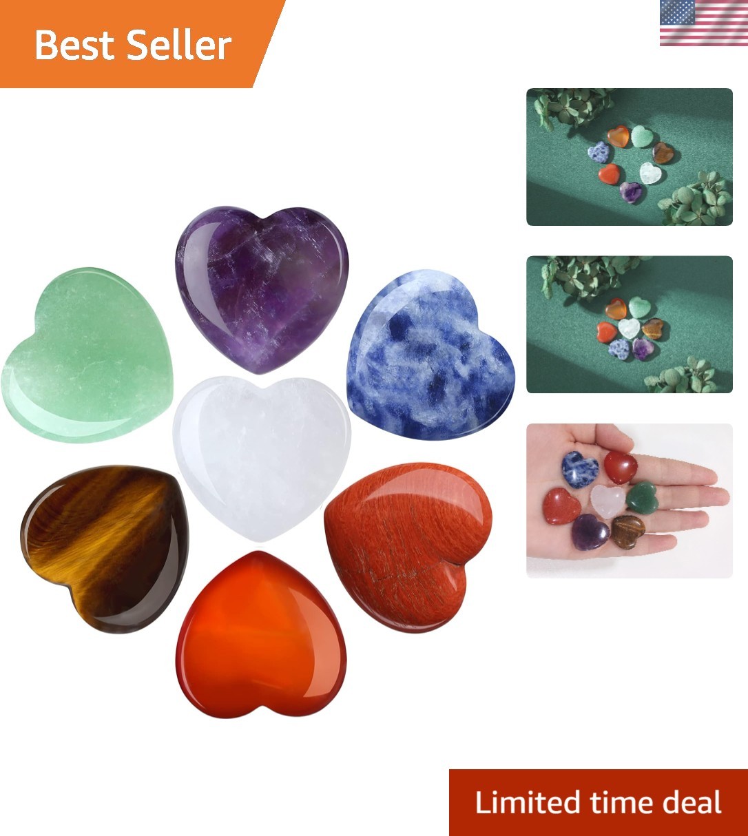 Polished 7 Chakra Gemstones – Heart-Shaped Crystals 0.8 Inch for Reiki Energy