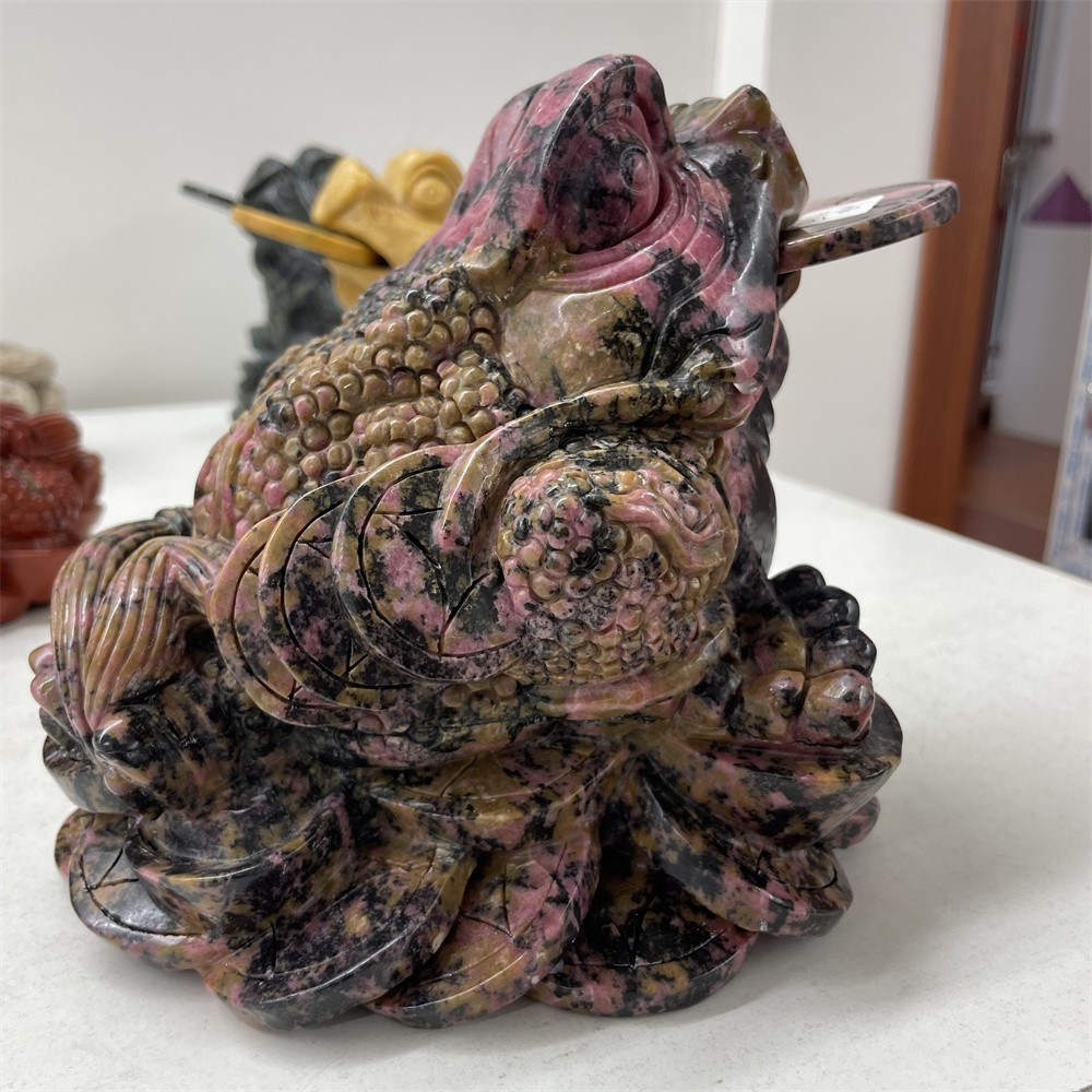 10.6LB 6.5″A+Natural Rhodonite Money Toad Crystal Hand Carved Statue Hand Carved