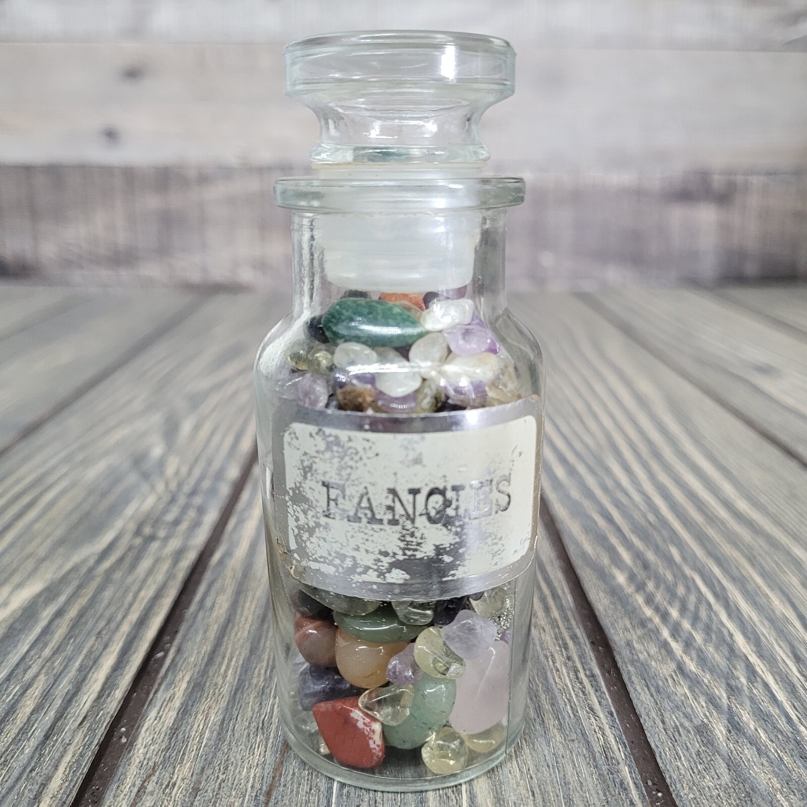 4oz Crystal Tumbles in Apothecary Vintage Glass Jar “Fancies” Label Wagner Spice