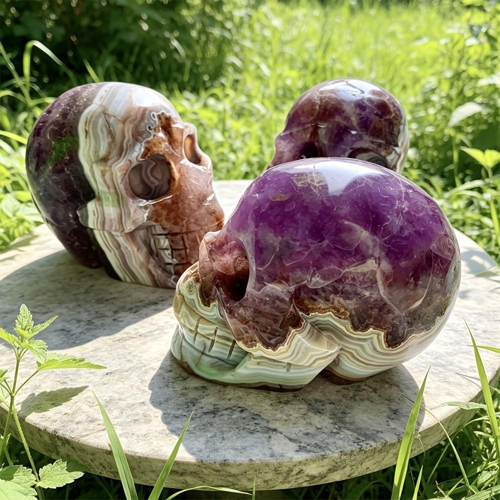 New！Natural Crystal Amethyst Agate Skulls Polished Good Pattern Office Decor