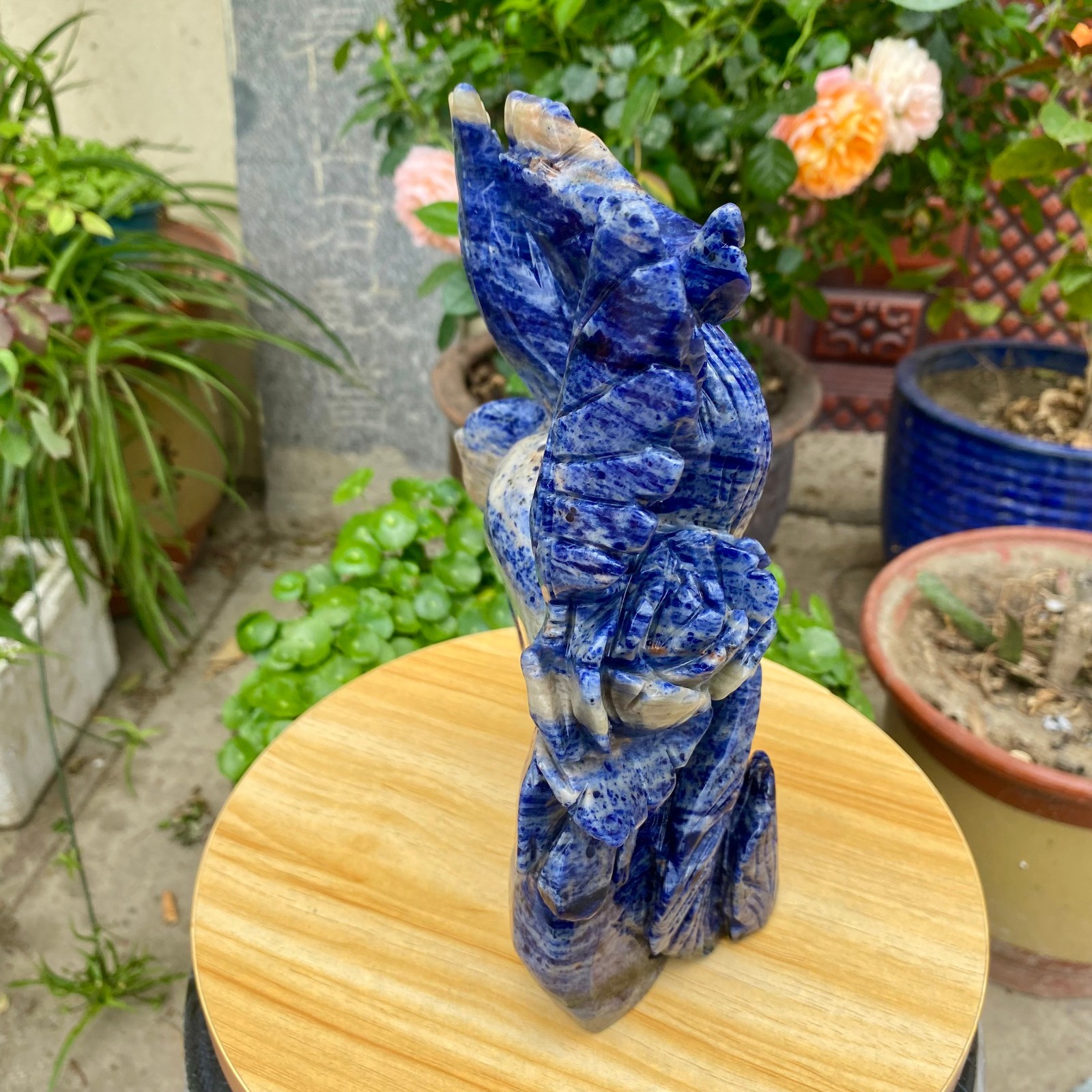 7.05LB Natural Blue Vein Stone Phoenix Carving, Home Decoration
