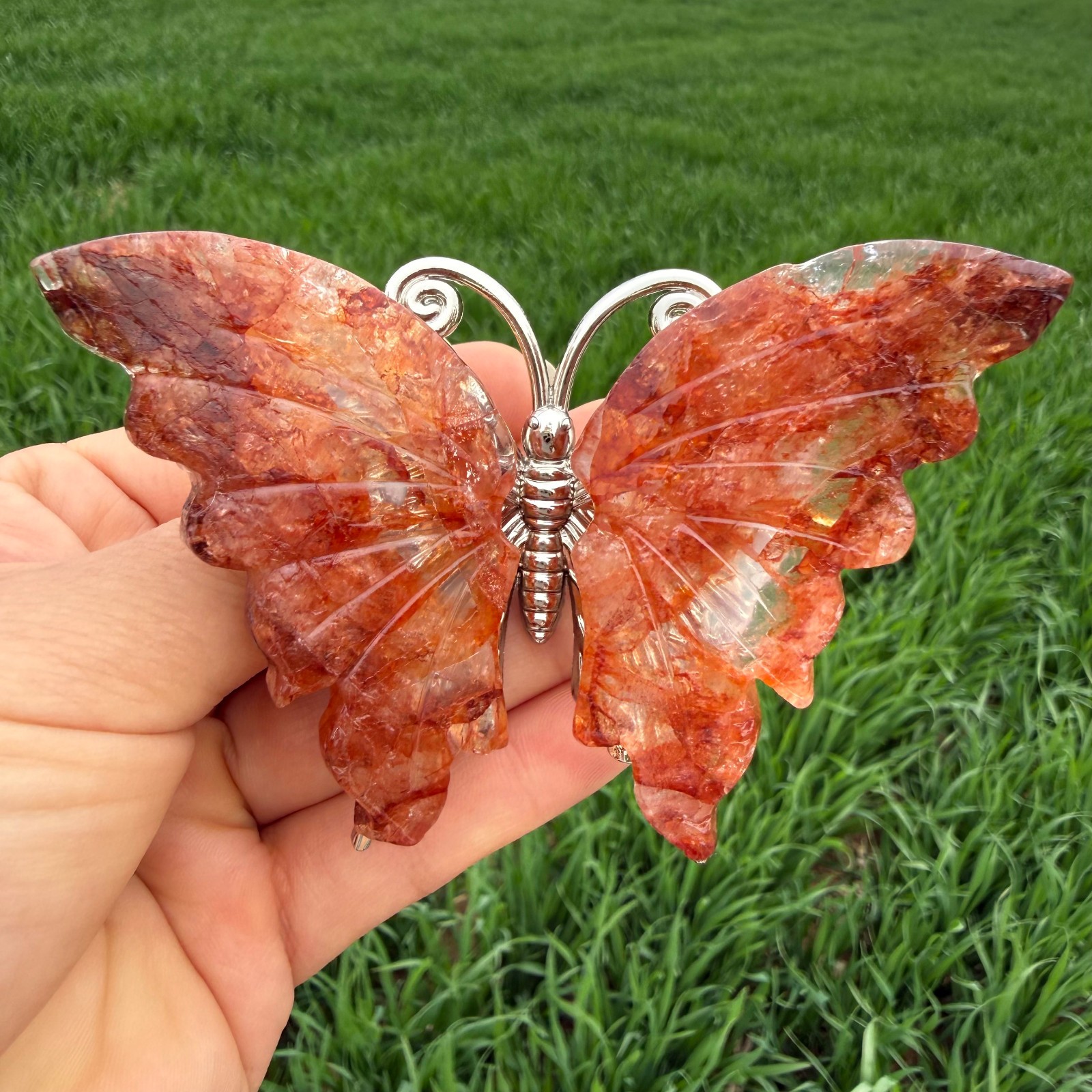 3.6″ Natural red gum flower Carved Butterfly Reiki Crystal Skull Decor gift 1pc
