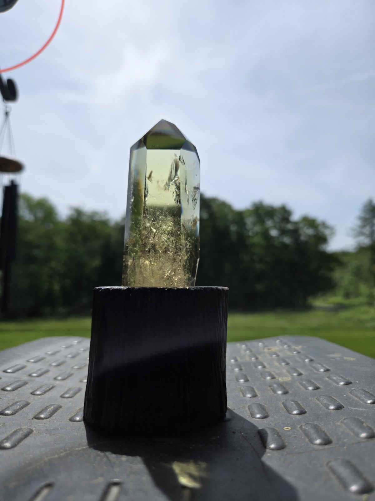 Large Natural Citrine Tower Point with Golden Inclusions on Wood Stand