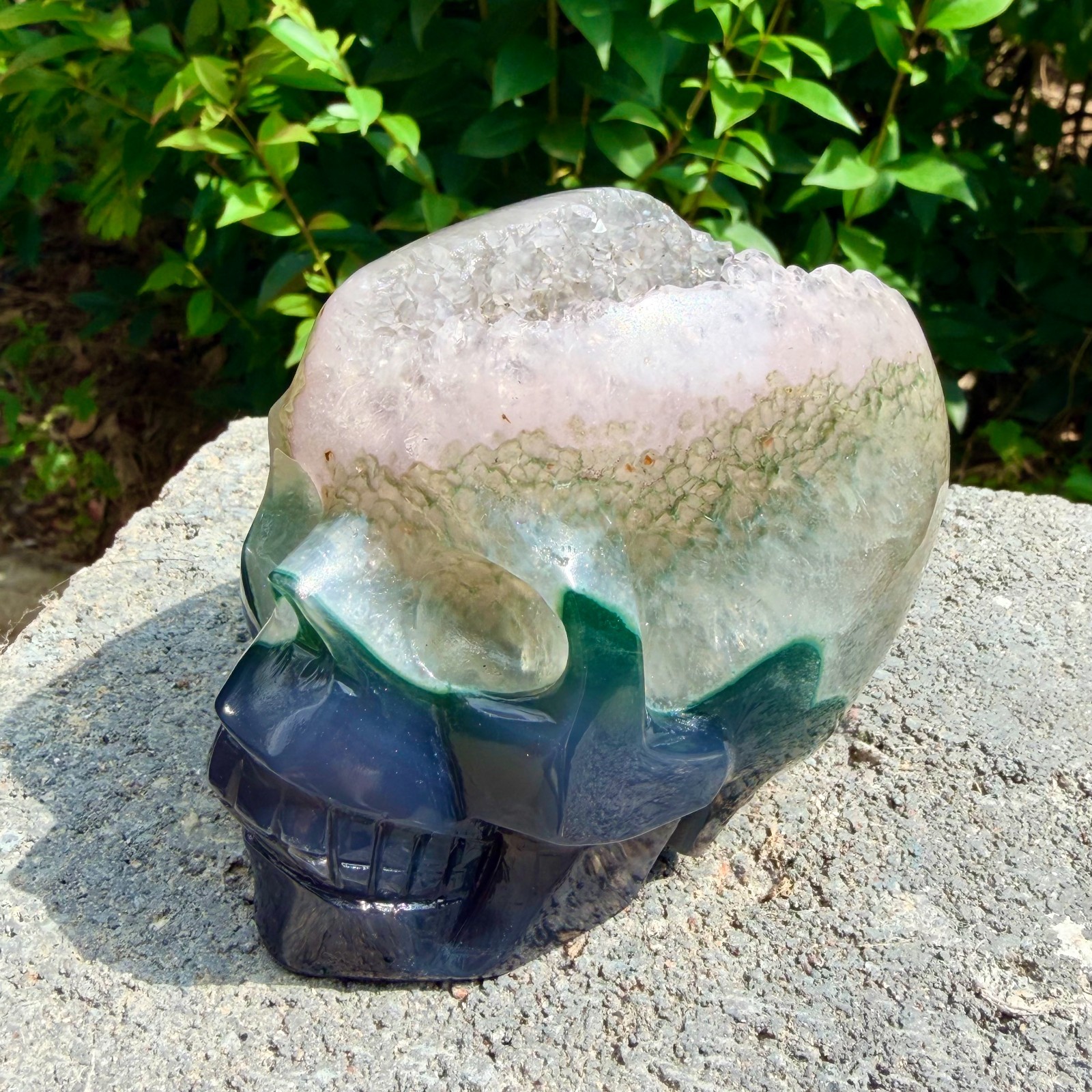 1.53lb Amethyst agate crystal cave skull, Rare hand carved skull specimen