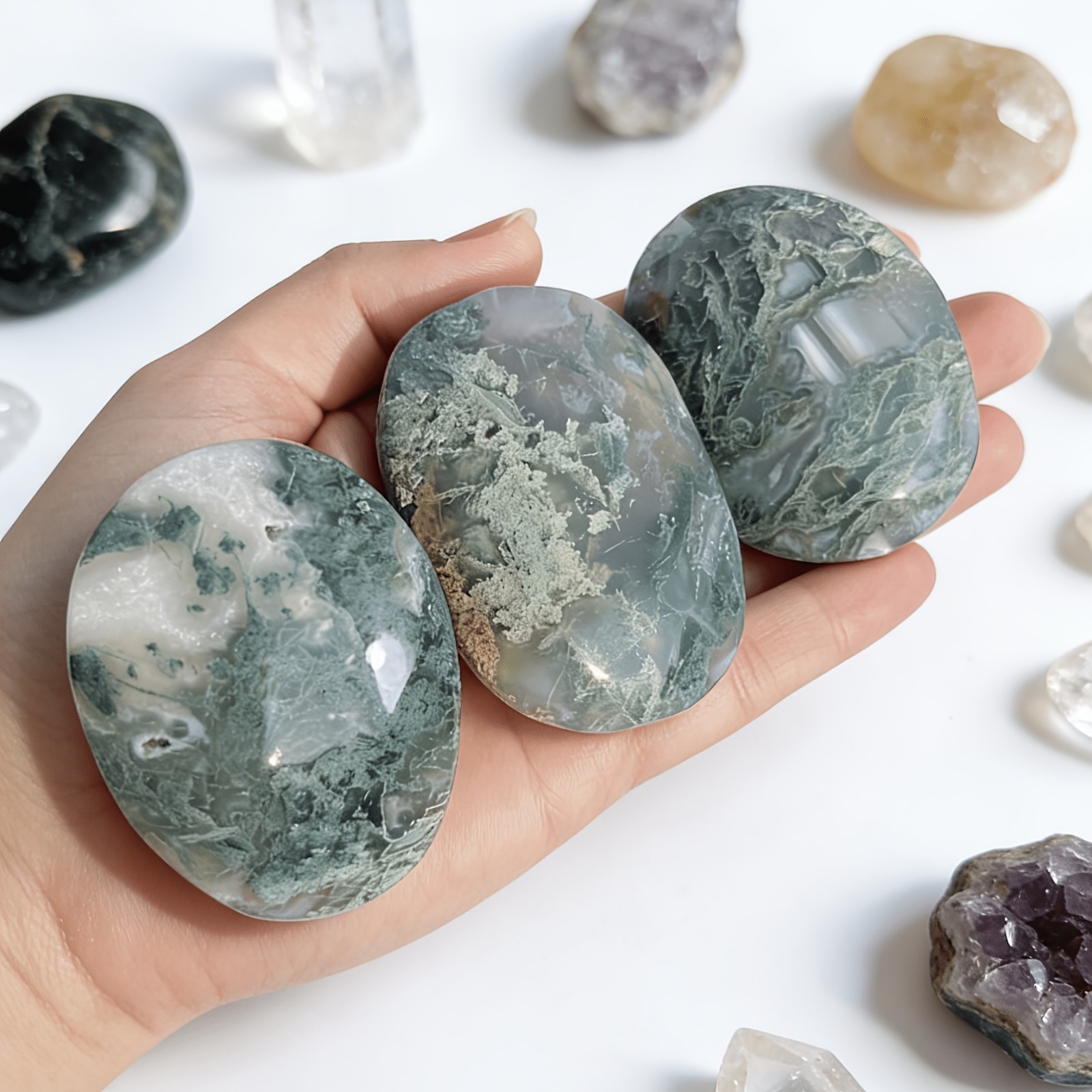 0.2LB Wholesale Natural Moss Agate Crystal Palm Stone Druzy Geode Home Collect