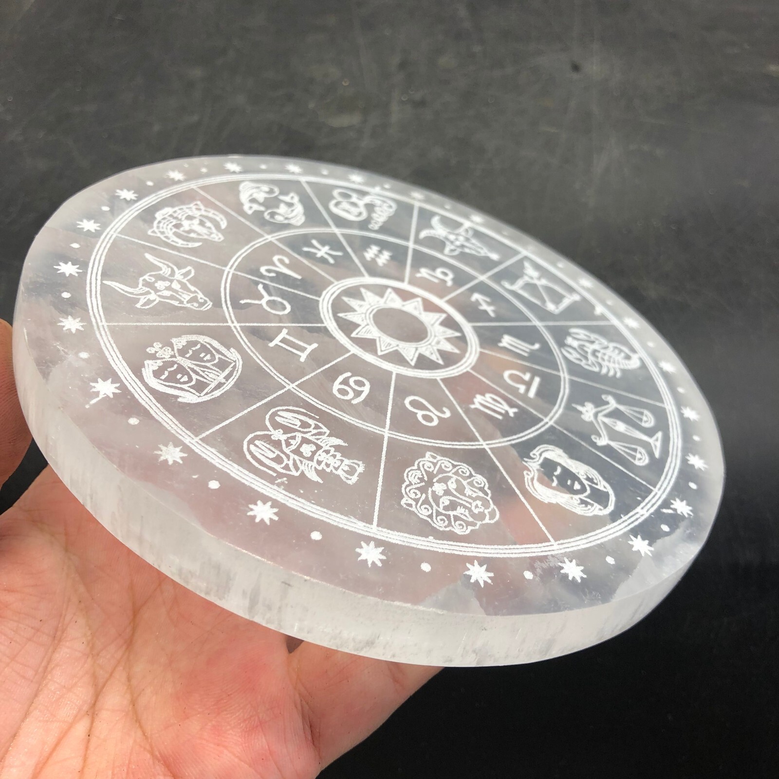 “5.82” Natural Selenite Crystal Divination Zodiac Disk Purification Meditation
