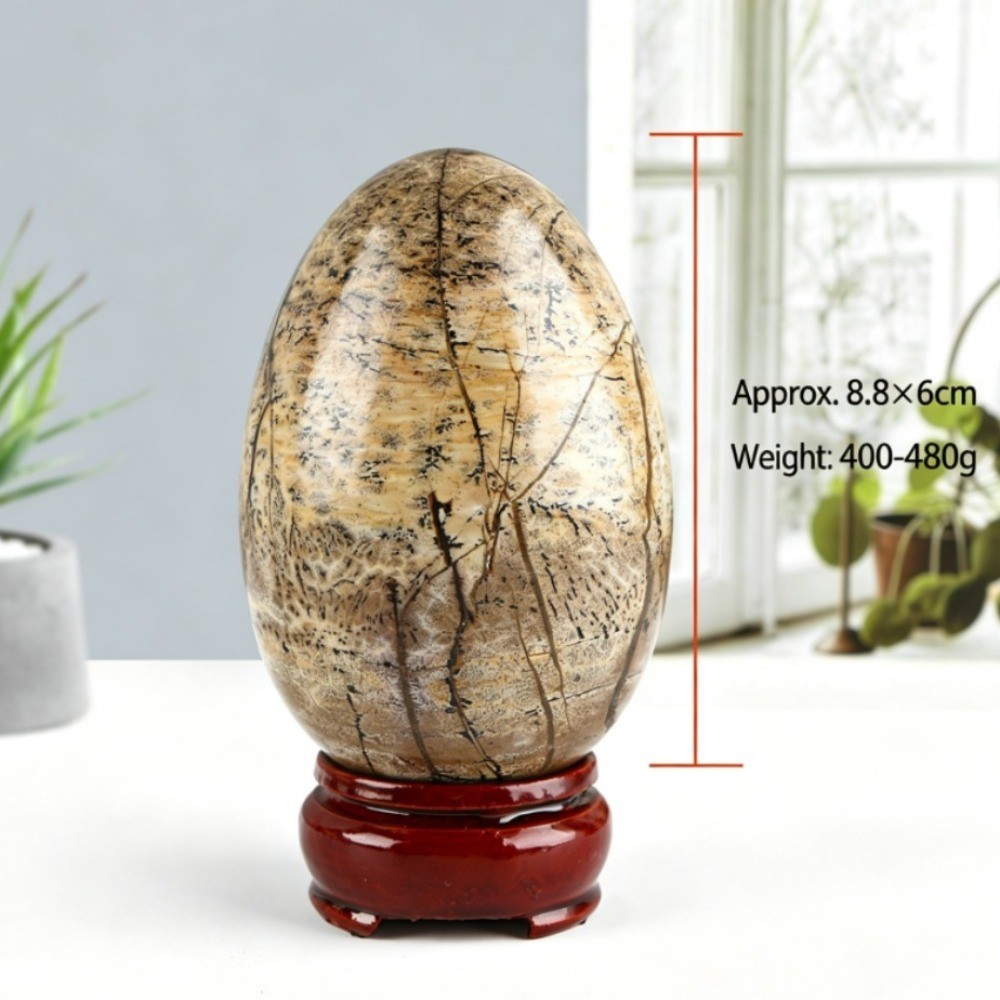 Natural Picture Stone Egg Carving Crystal Reiki Healing Decor Gift + stand 1pcs