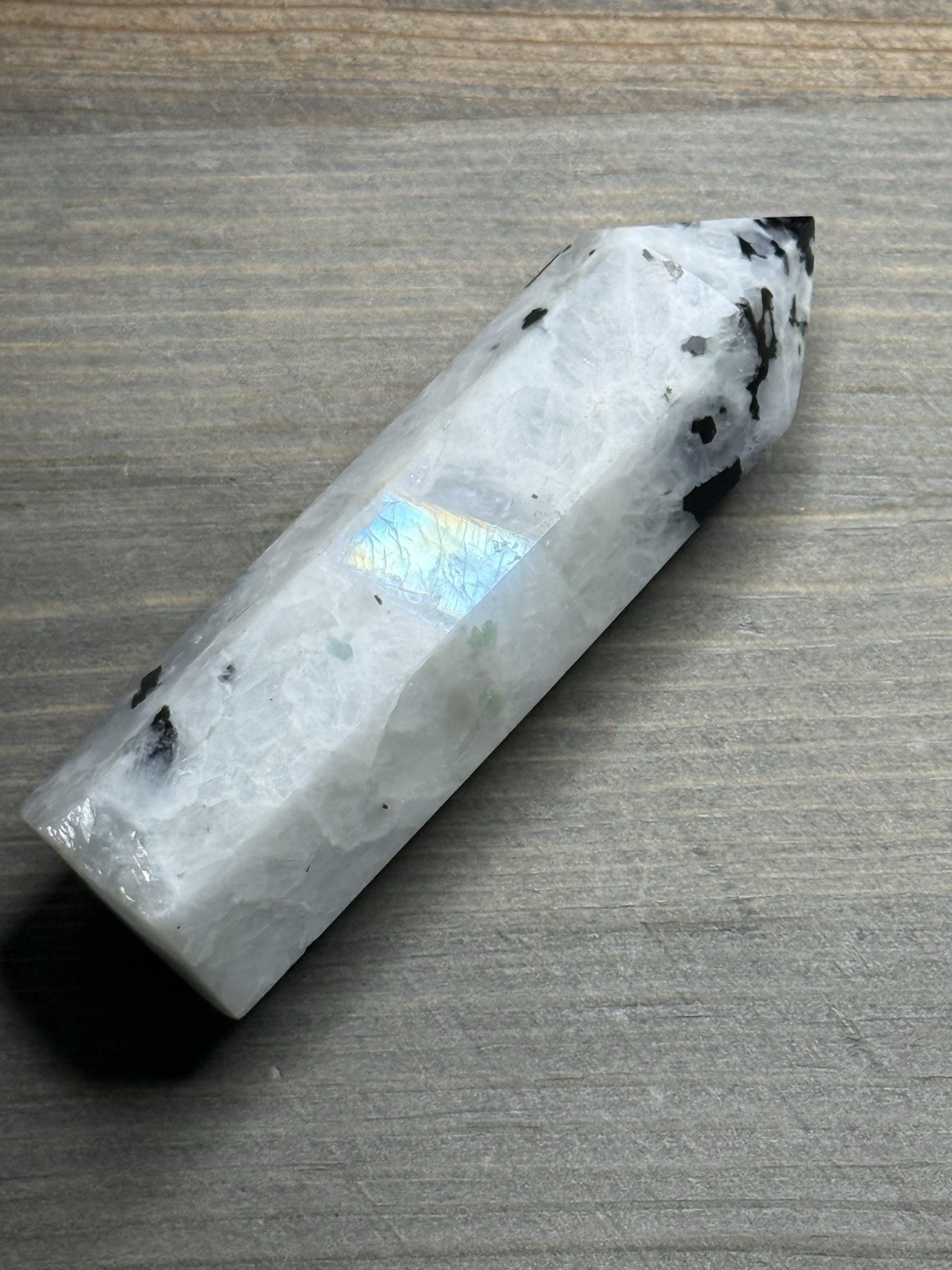 Rainbow Moonstone Crystal Tower Blue Flash Black Tourmaline Inclusion 3.5”