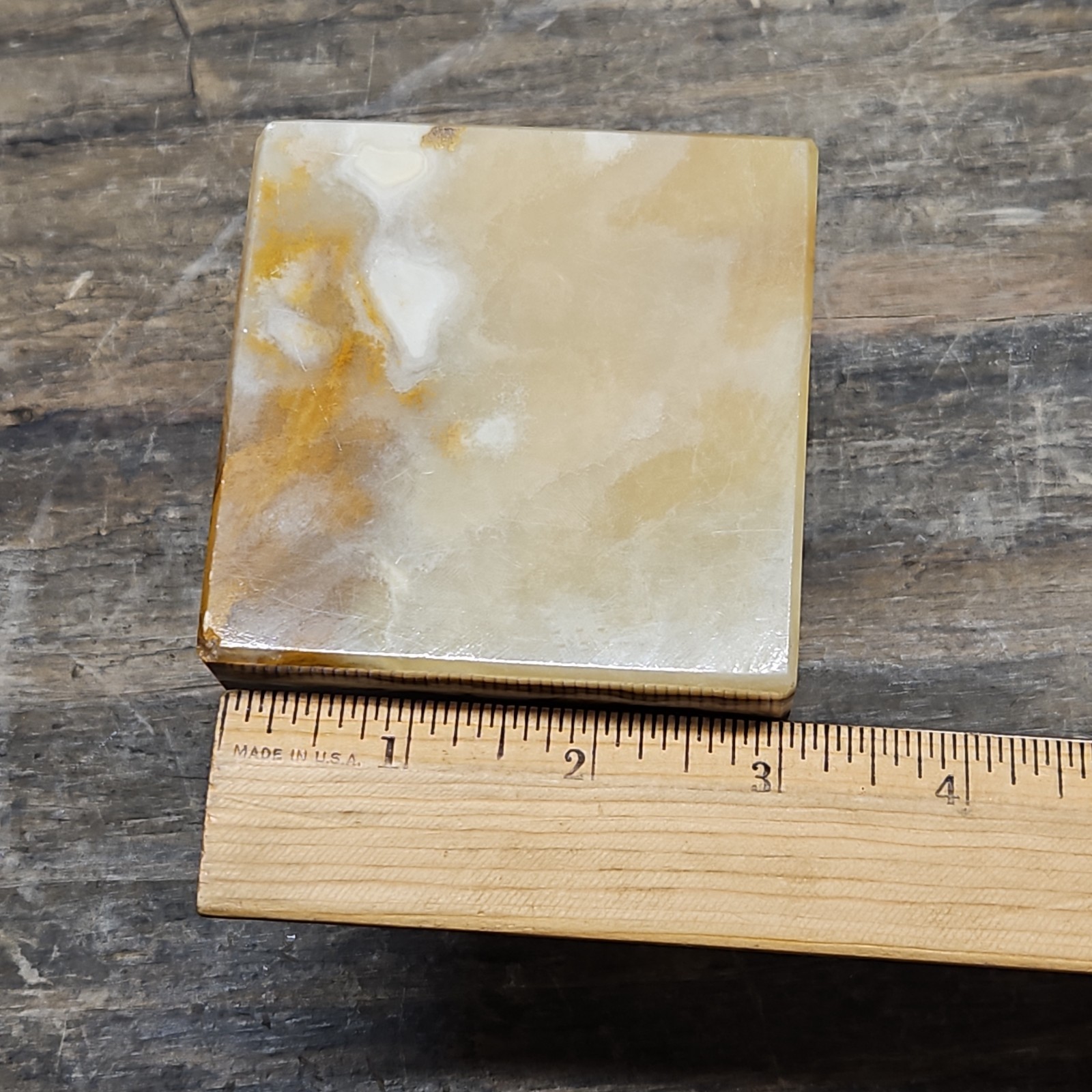 Polished Onyx Cube 3.5×3.5×3.5 Brown/White Faint Green Banded