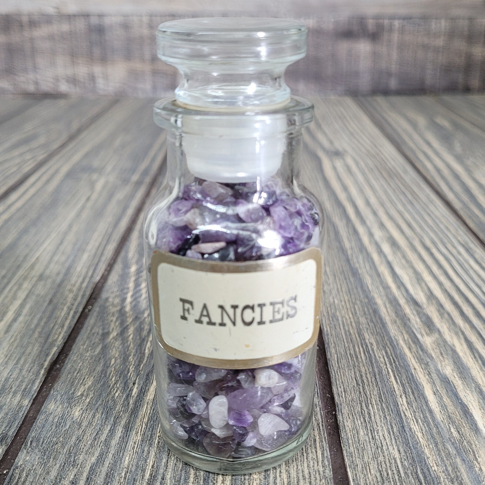 4oz Amethyst Crystal Chips in Apothecary Vintage Glass Jar “Fancies” Wagner