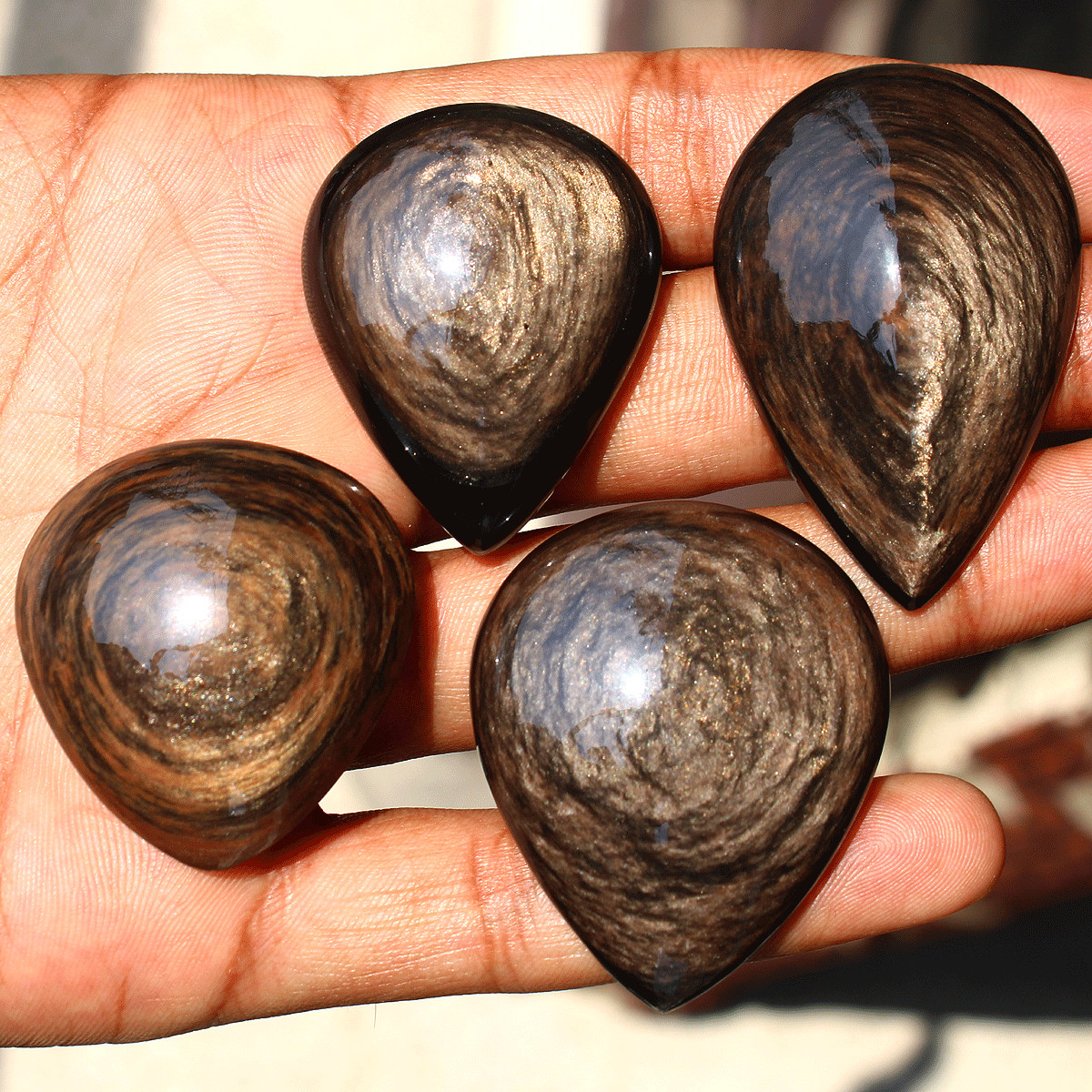 4 Pcs Natural Eye Of Copper Obsidian High Quality Teardrop Crystal Palmstones
