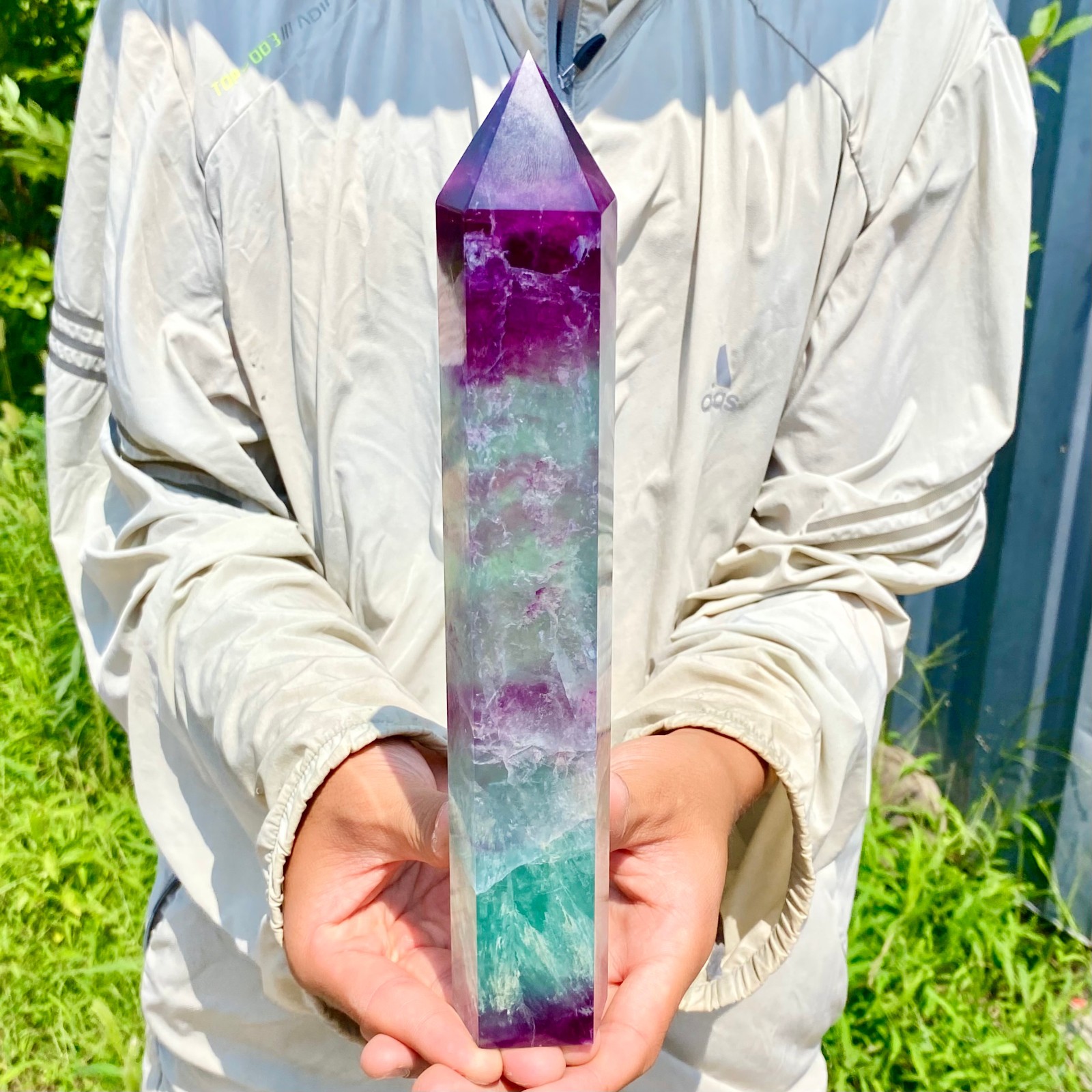 2.62LB Natural Rainbow Fluorite Obelisk Quartz Crystal Wand Tower Point Healing