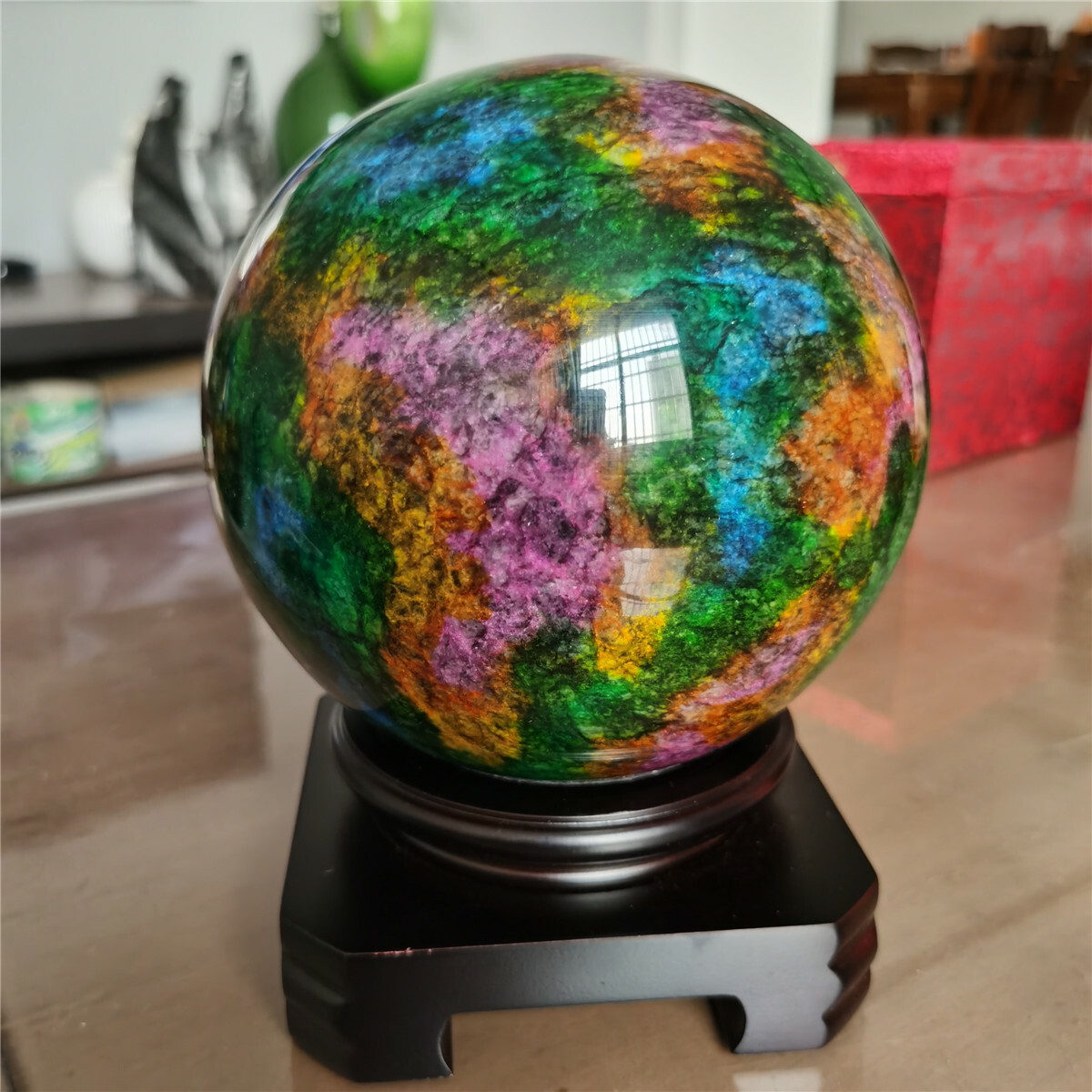 5.6kg Natural “Seven Colors Jade” sphere specimen -Taiwan China +stand W5907