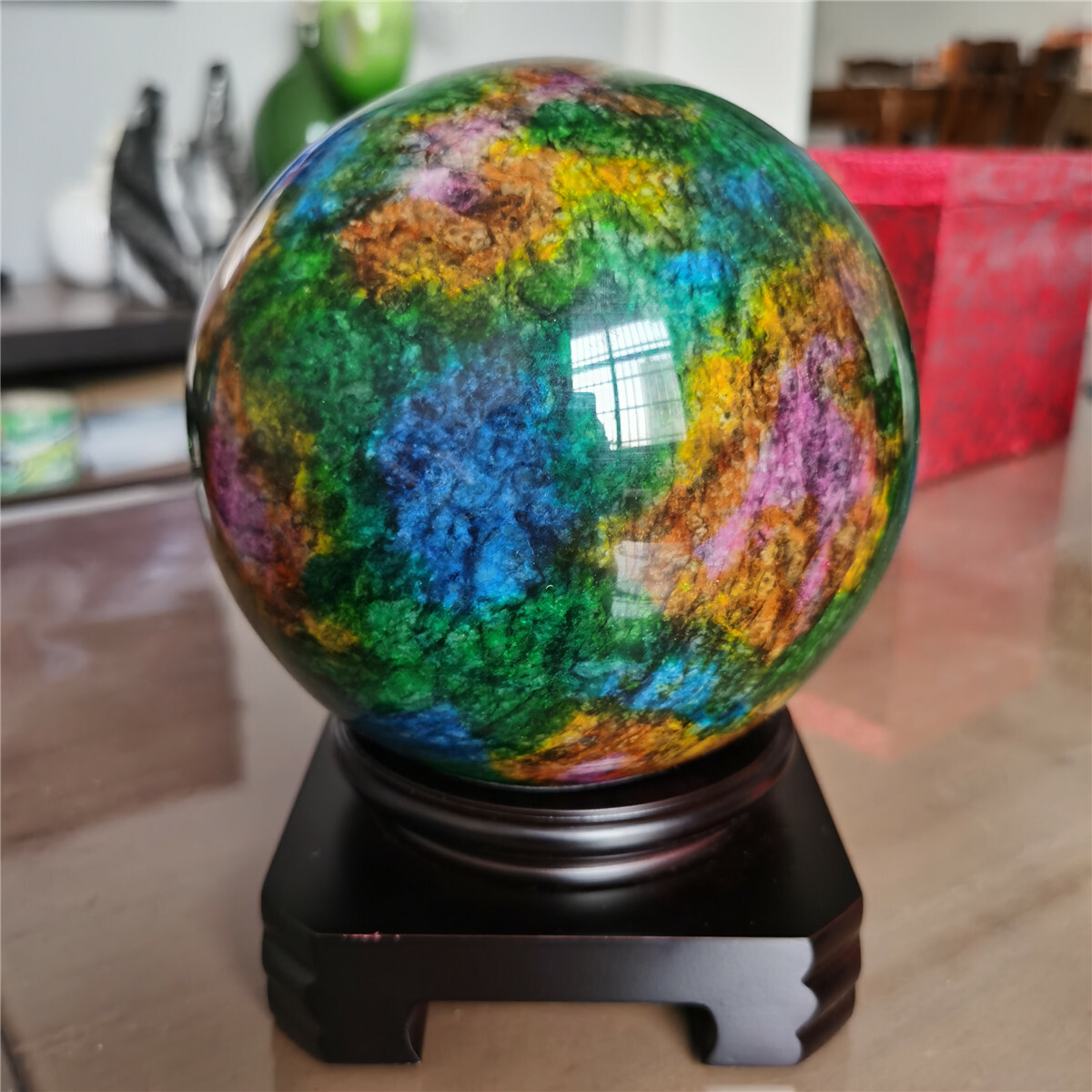 5.6kg Natural “Seven Colors Jade” sphere specimen -Taiwan China +stand W5907