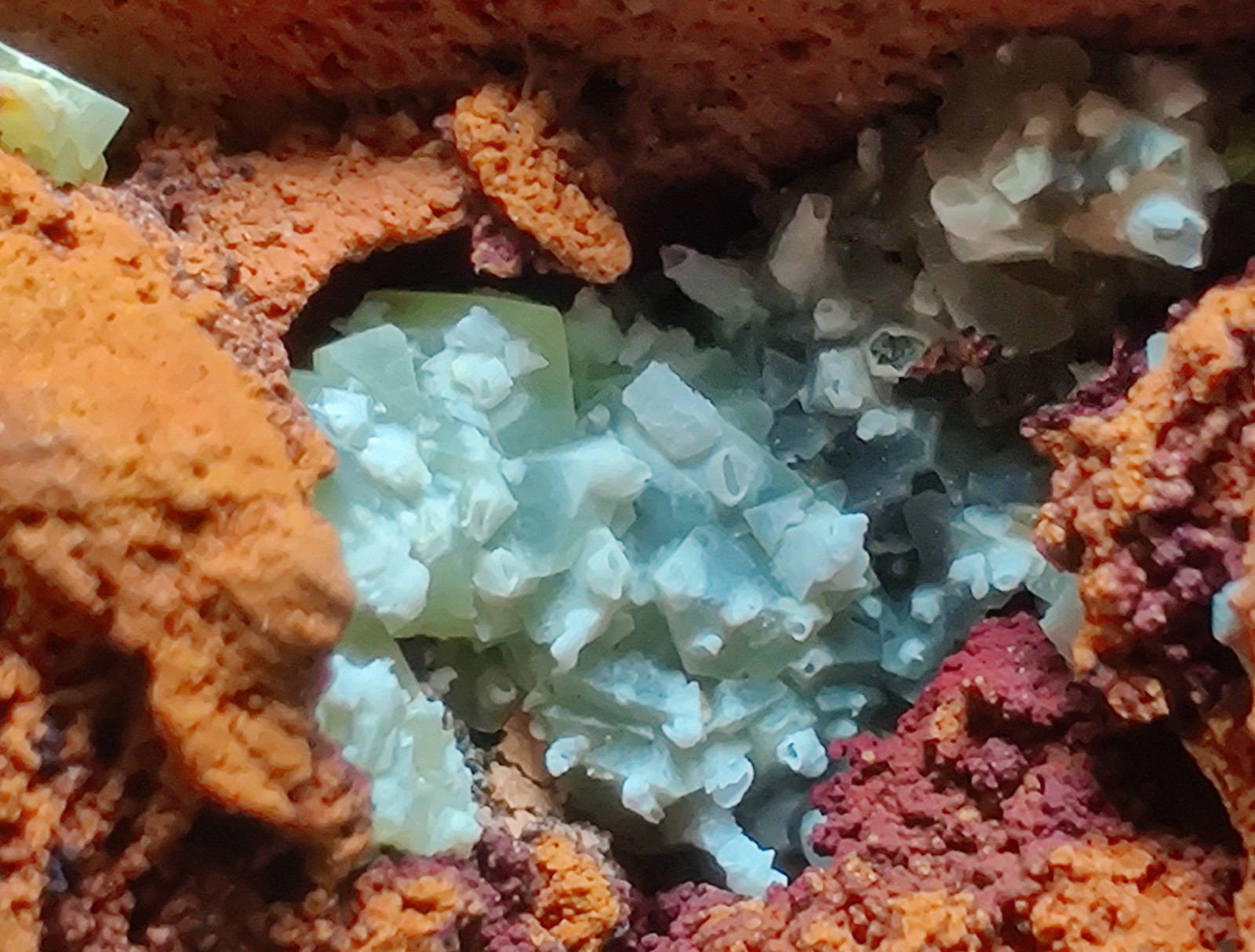 Fluorescent Adamite, Smithsonite on Limonite. Ojuela Mine, Mexico. 163 grams.