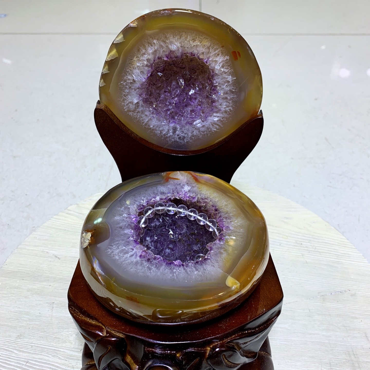 Agate Amethyst Crystal Geode Treasure Bowl with Wood Stand Healing Decor