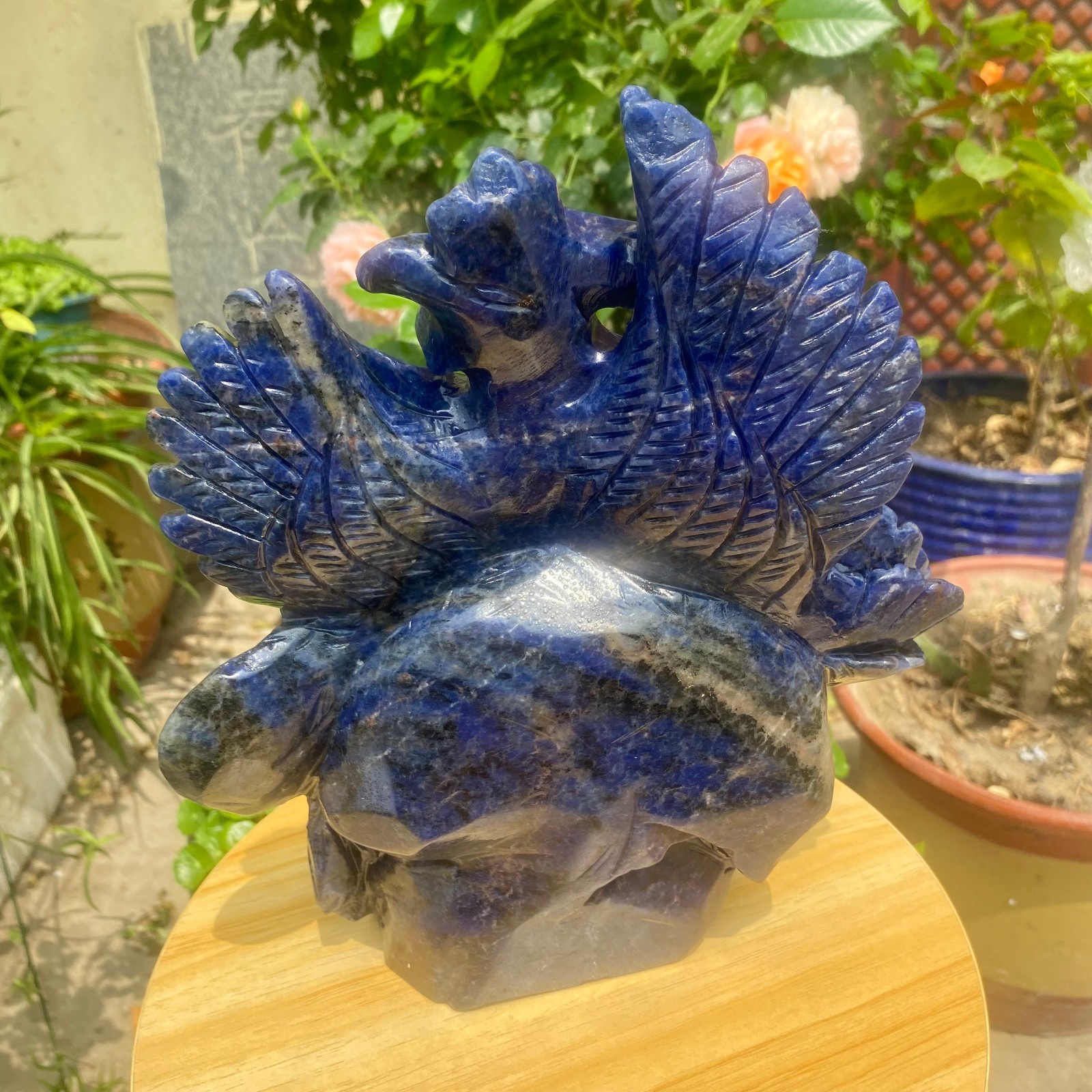 7.71LB Natural Blue Vein Stone Phoenix Carving, Home Decoration
