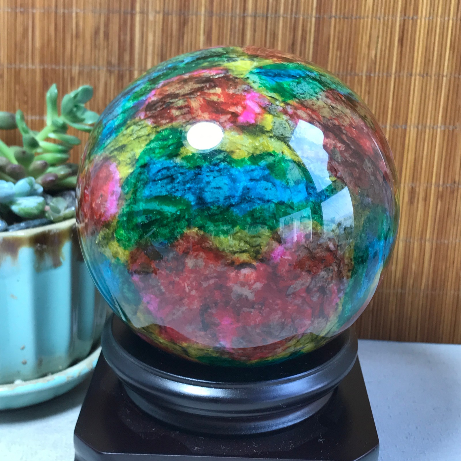 Natural “Seven Colors Jade” sphere Ball -Taiwan China 1.84kg Base Random A5803