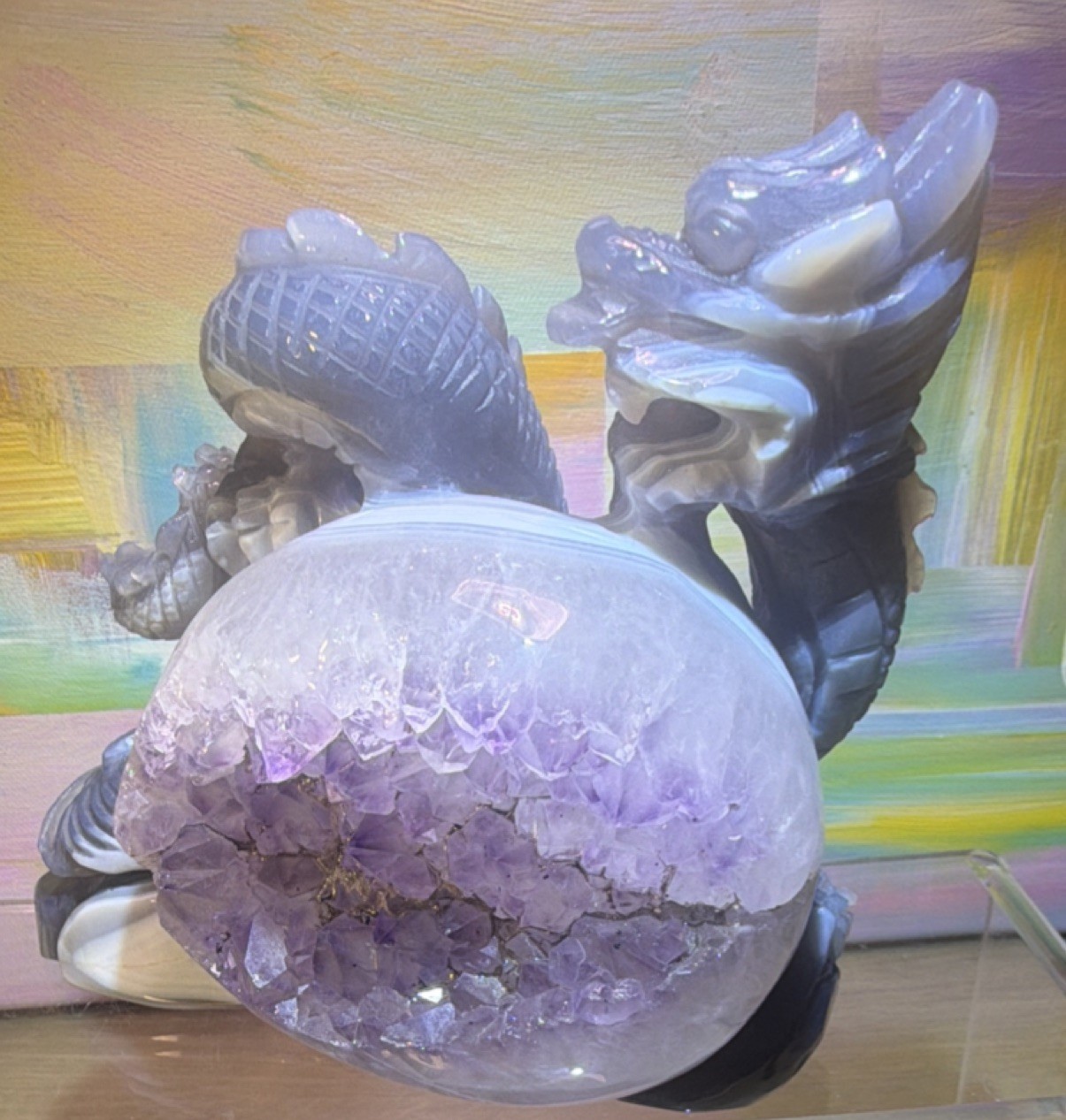 Carved Dragon Stand with Purple Amethyst Druzy Geode Crystal Egg Sphere