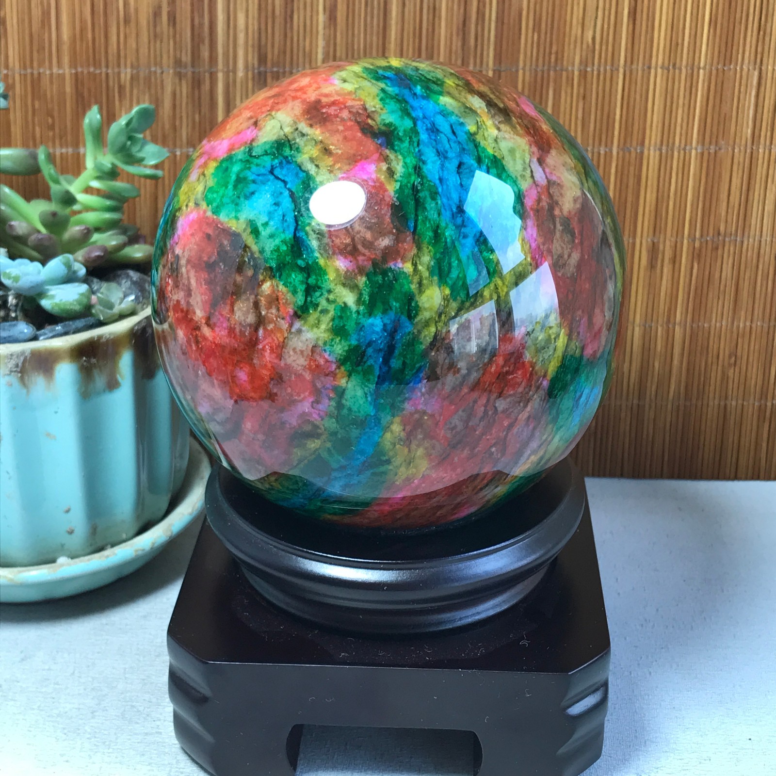 Natural “Seven Colors Jade” sphere Ball -Taiwan China 1.85kg Base Random A5802