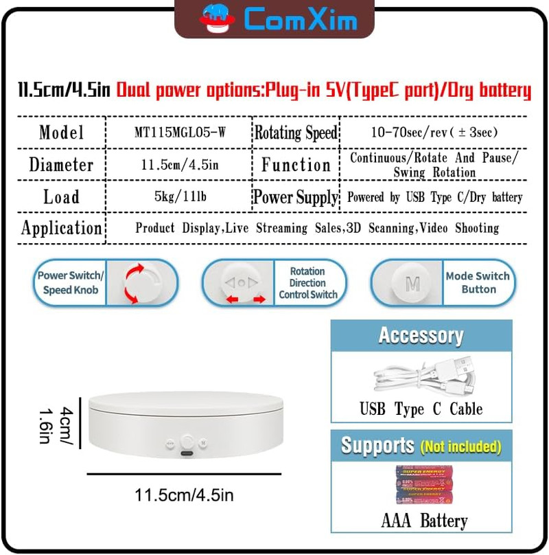 Rotating Display Stand with Type-C, 360 Motorized Spinning Display Turntable Adj