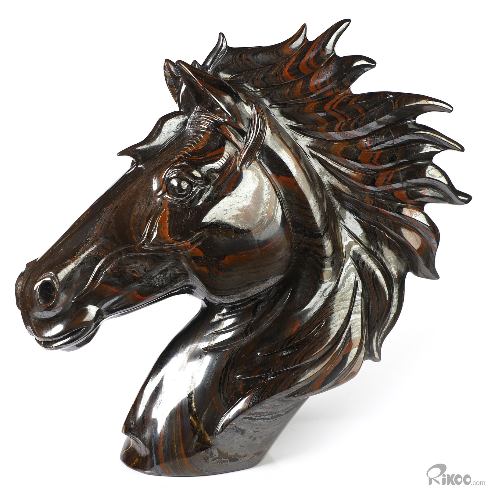 8.0″ Colorful Tiger Iron Eye Hand Carved Crystal Horse Sculpture, Healing