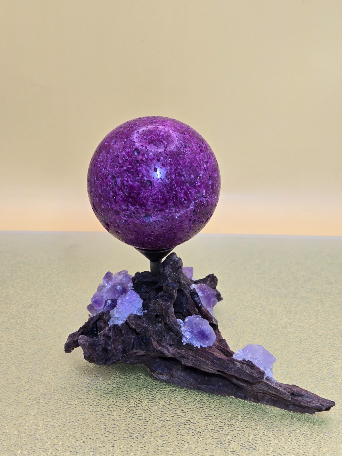 320G Pink UV Ruby Corundum Sphere Crystal Ball Reiki Healing With Wood Stand