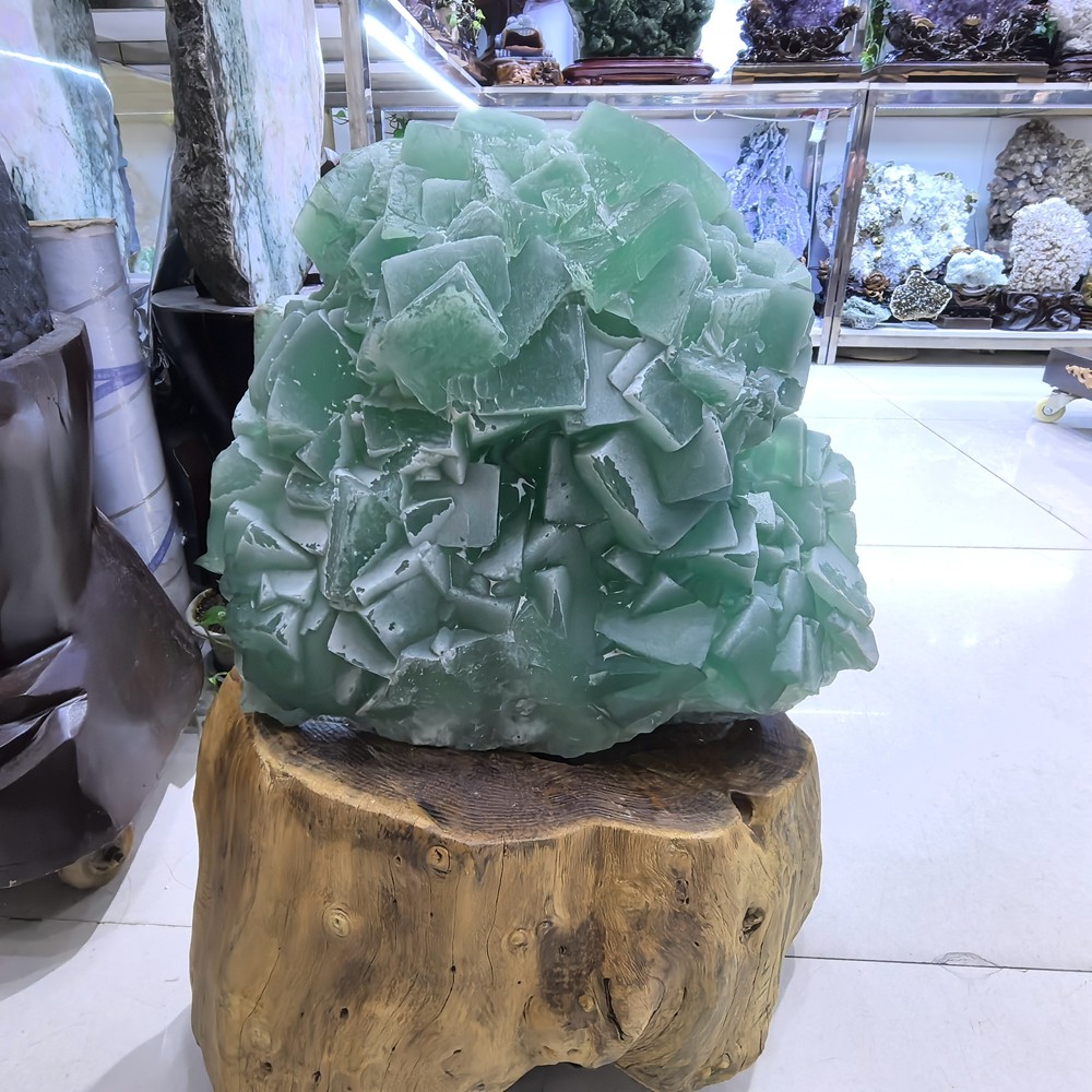 110LB Top Natural Green Fluorite Quartz Cluster Crystal Mineral Specimen + stand