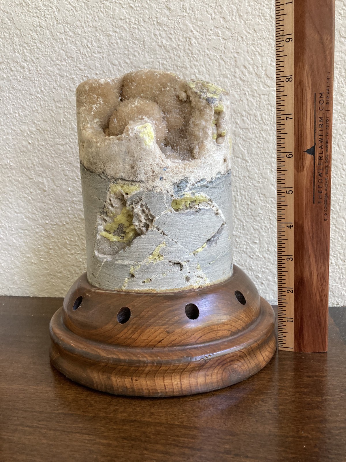 Natural Geological Drill Core w Crystals on Walnut Wood Pen Holder Display Base