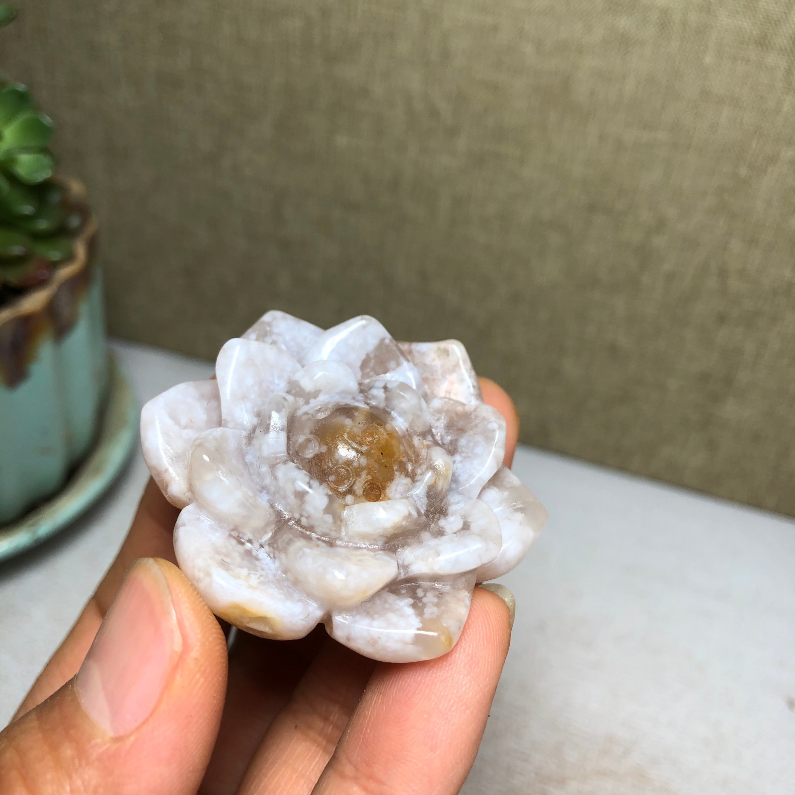 44mm Natural cherry blossom agate Hand carved flower Crystal specimens 38g A4456