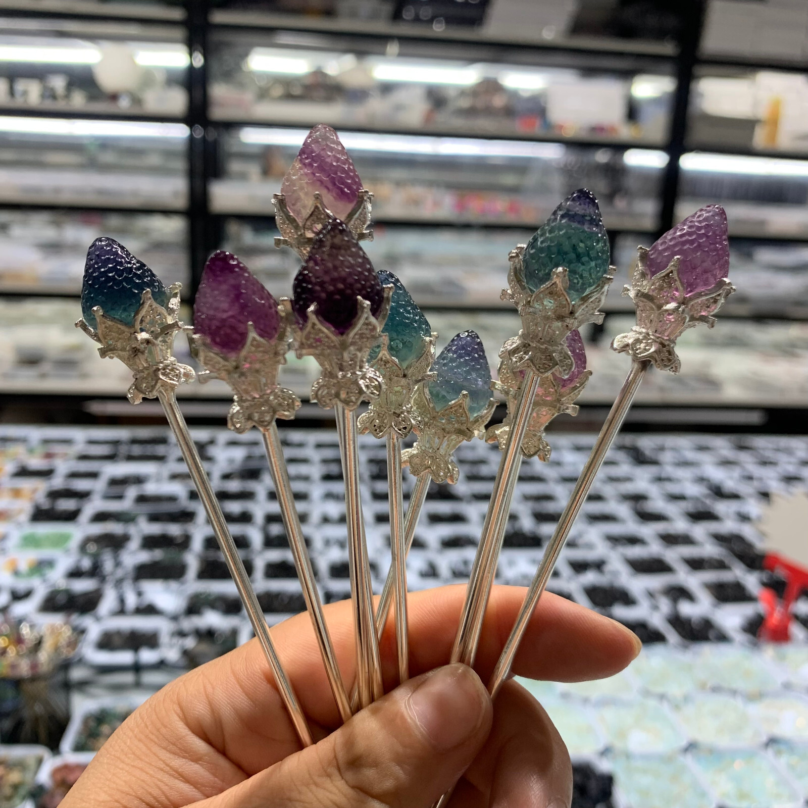 5pc Natural fluorite carved strawber hairpin quartz crystal reiki healing random