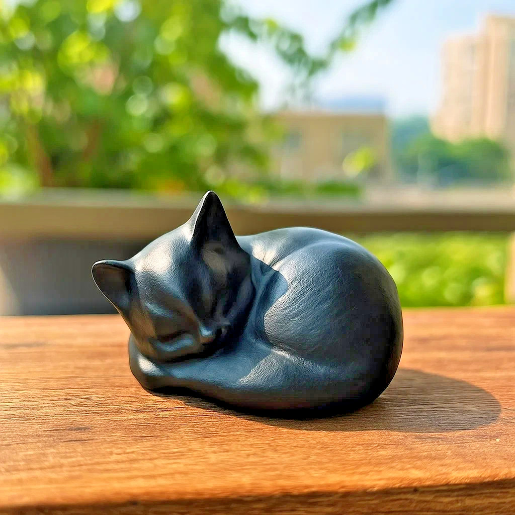 Handmade Obsidian Cat Figurine Sleeping Cat Crystal Carving Healing Decor Gift