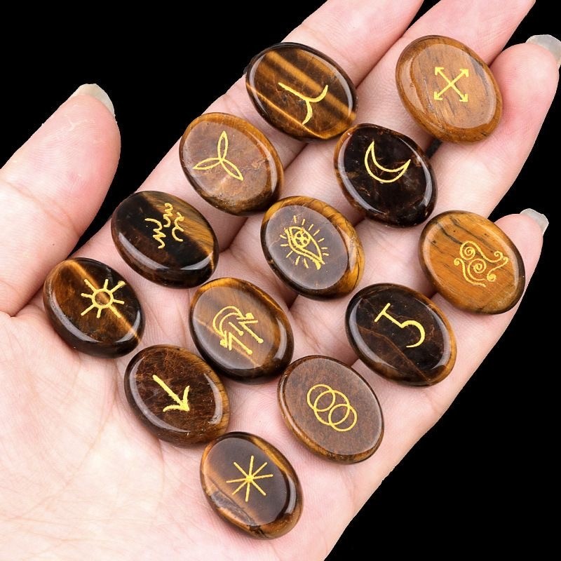 13 pieces per package of natural crystal semi precious stones, witch rune carvi