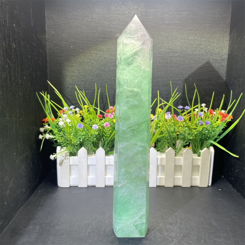 3.1LB 11.1″ Natural Rainbow Fluorite Obelisk Quartz Crystal Tower Point Decor