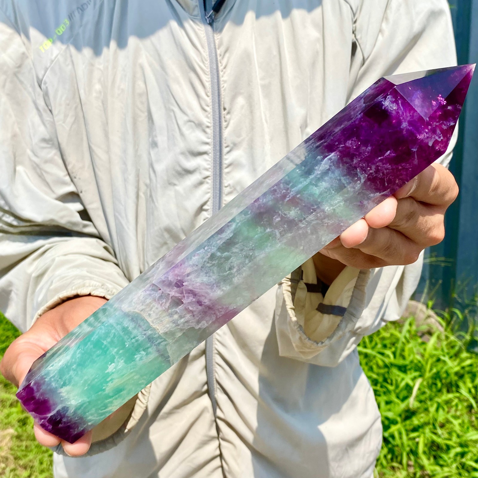 2.62LB Natural Rainbow Fluorite Obelisk Quartz Crystal Wand Tower Point Healing