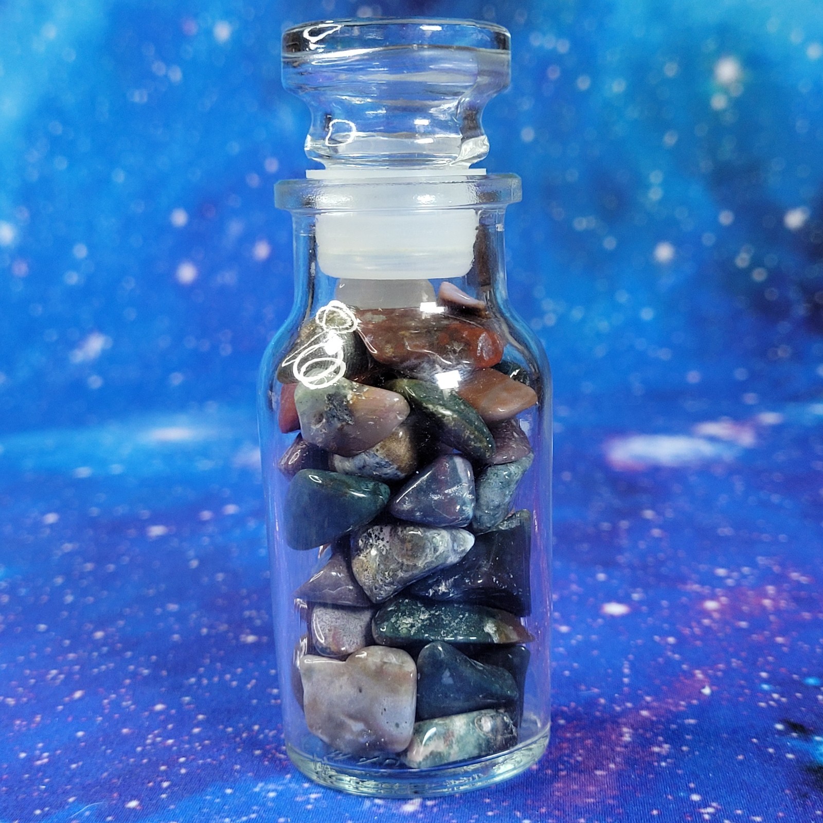 Ocean Jasper Natural Stone Tumbles in Vintage 4 oz Apothecary Glass Jar *Video*