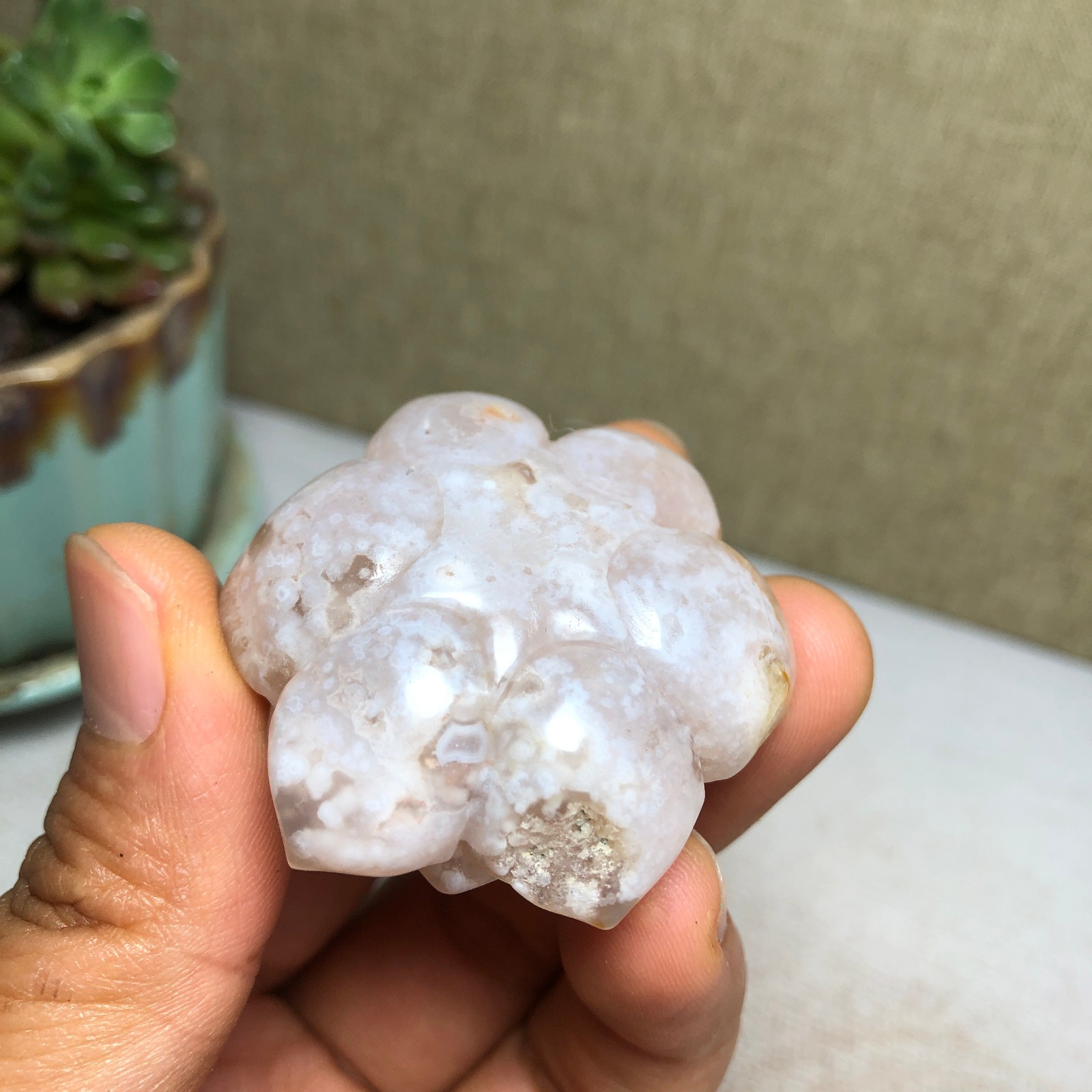 44mm Natural cherry blossom agate Hand carved flower Crystal specimens 38g A4456