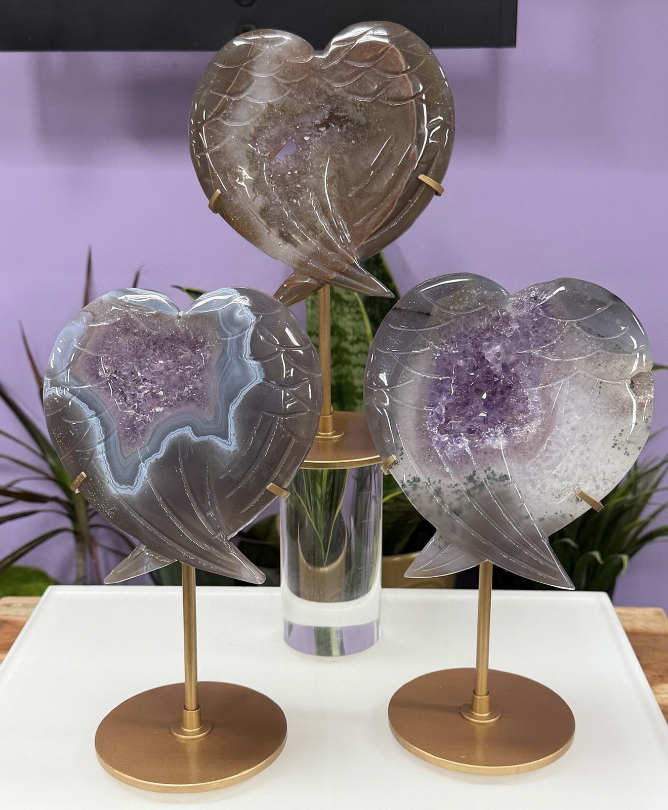 Wholesale Lot 3 Pcs Amethyst Agate Wing Heart Natural Crystal With stand Healing