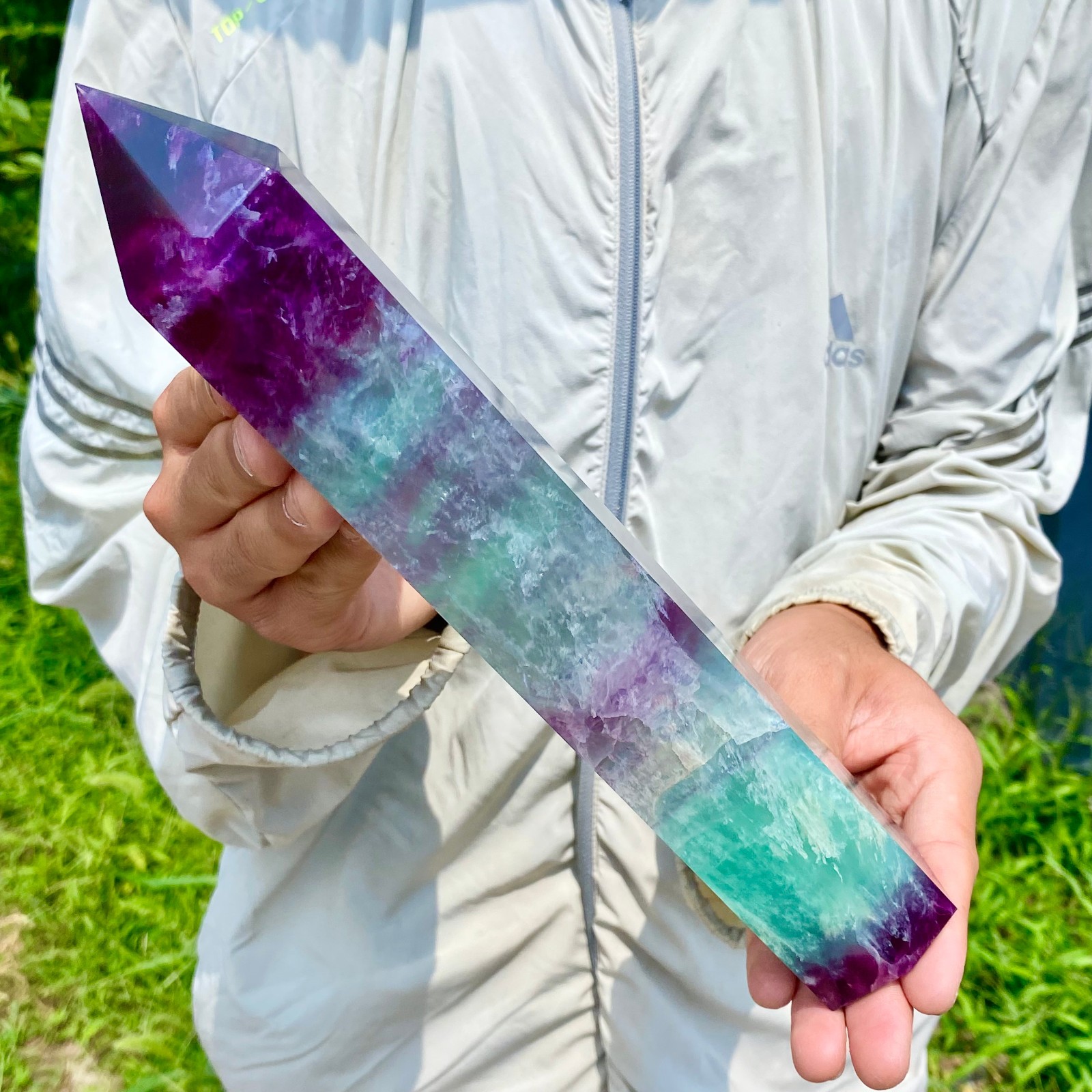 2.62LB Natural Rainbow Fluorite Obelisk Quartz Crystal Wand Tower Point Healing