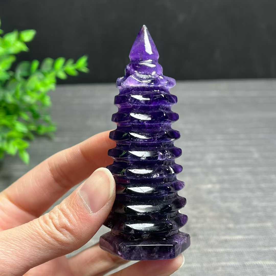 100g Natural Amethyst Quartz Pagoda Hand Carved Crystal Wenchang Tower