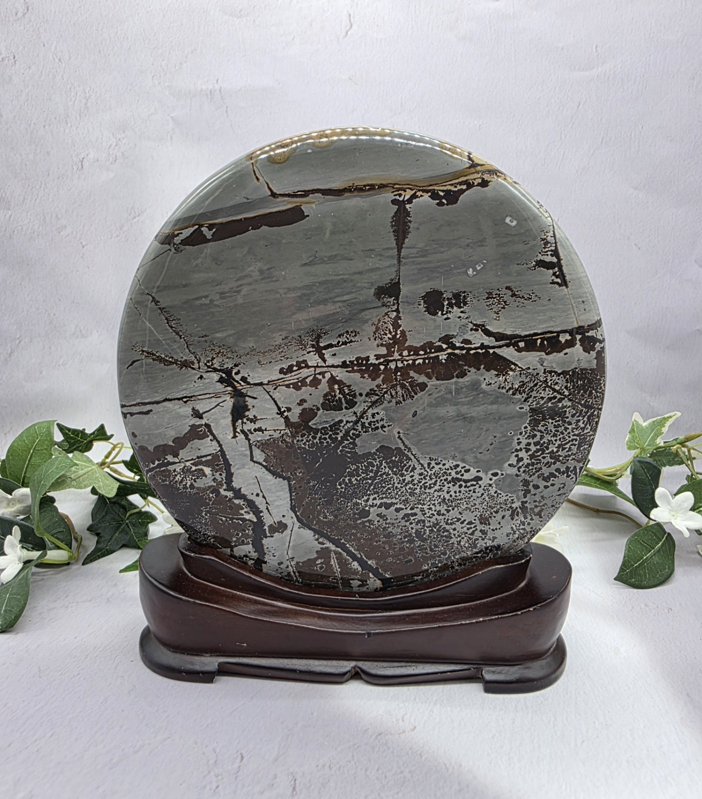 Large Round Picture Jasper Scenic Display Plaque with Wood Stand 5 Pounds +