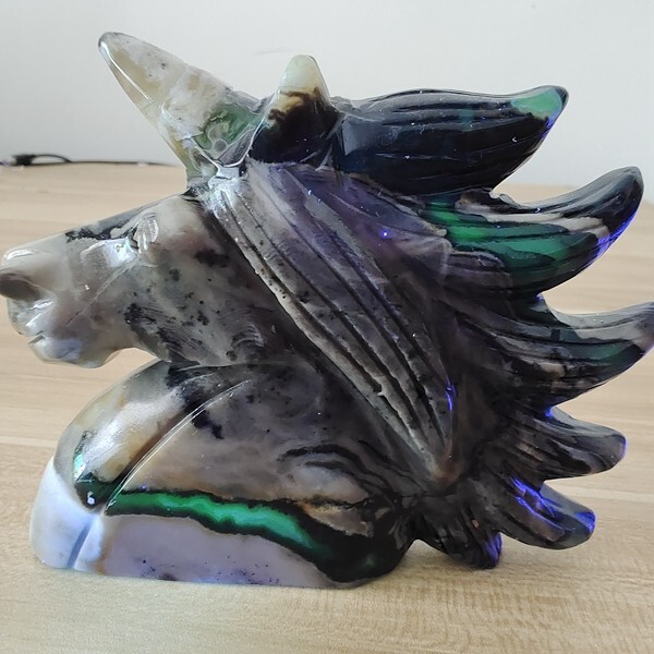 629g Natural Volcanic Rock agate carved unicorn quartz crystal skull polishing