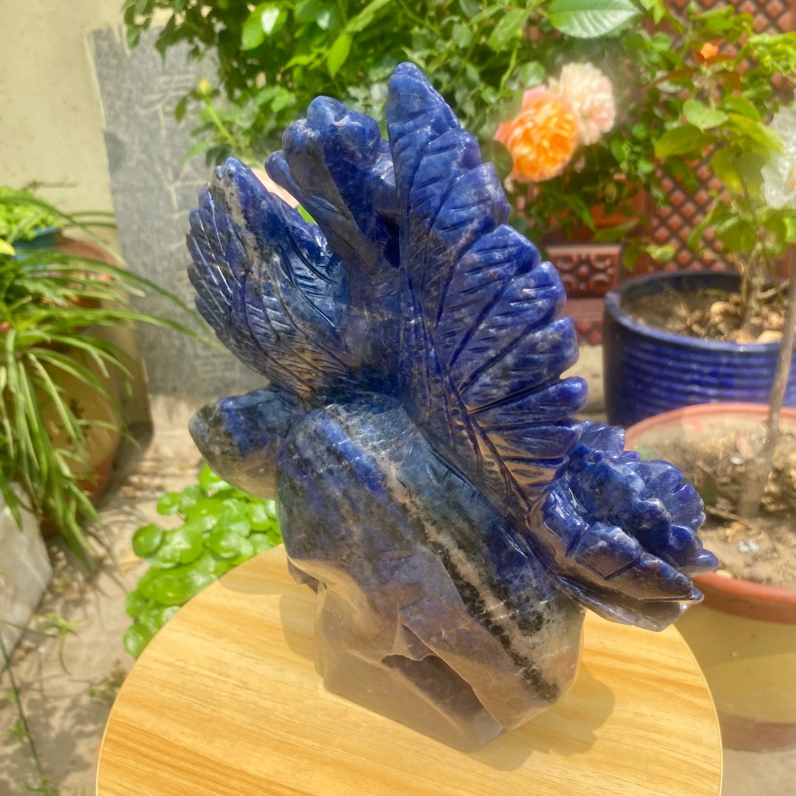 7.71LB Natural Blue Vein Stone Phoenix Carving, Home Decoration
