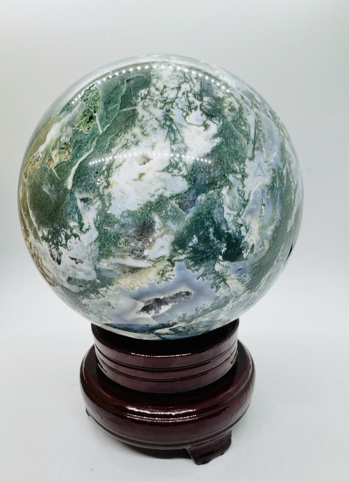 11 pound Polished Moss Agate Green White Crystal Sphere with Wooden Stand