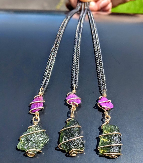 MOLDAVITE & SUGILITE Pendant In GOLD. Amulet Tektite Crystal Necklace Synergy 12