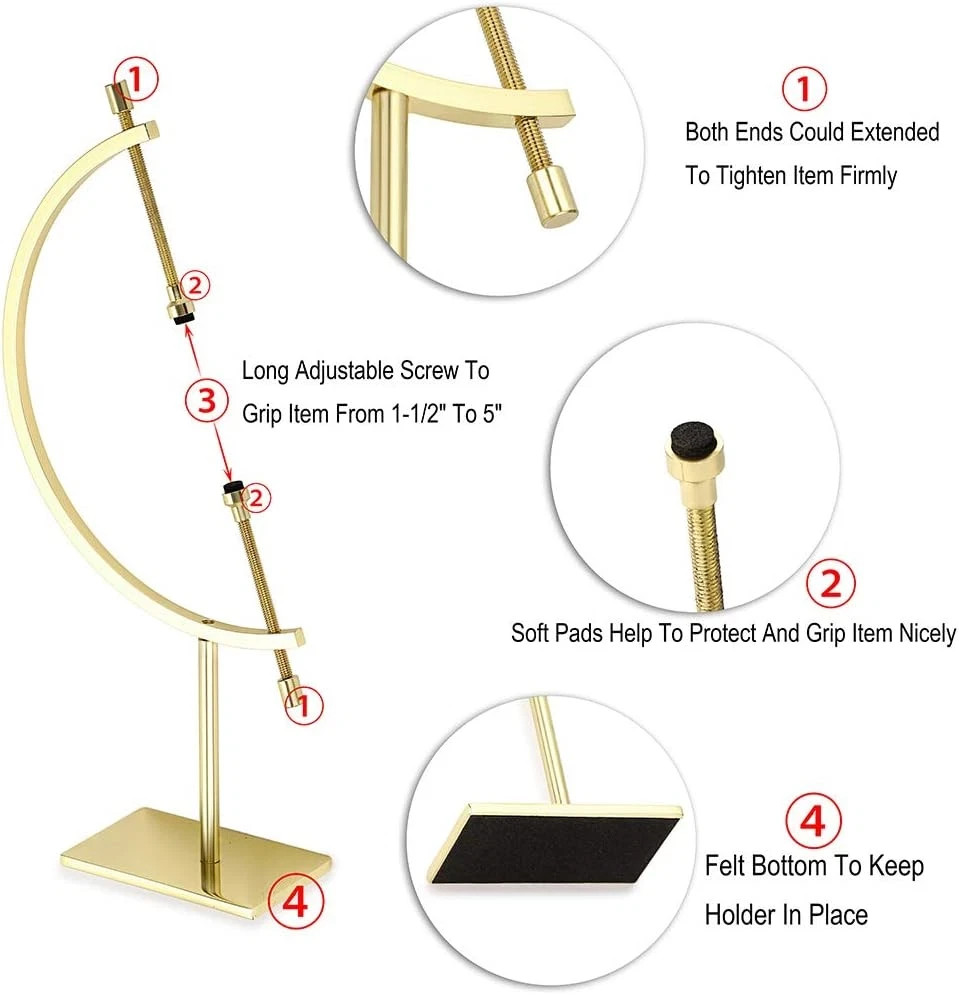 Golden Toned Sphere Holder Caliper Stand, Caliper Style Display Stand for Minera