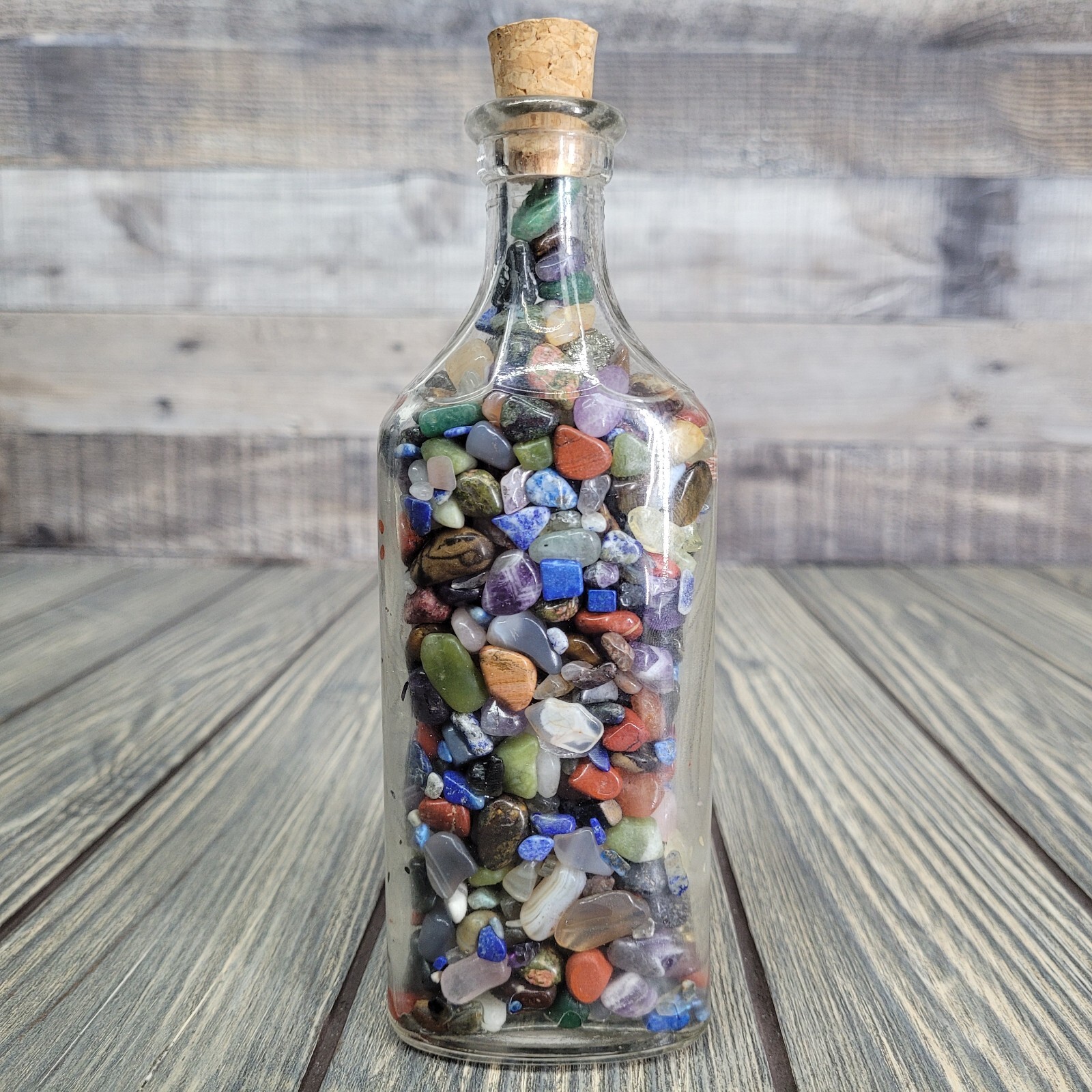 12oz Mixed Crystals in Vintage Apothecary Glass Medicine Bottle Jar Rock Tumbles