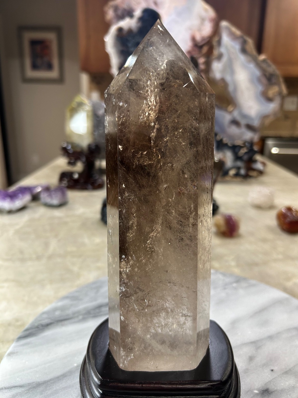 Smoky quartz tower with custom wood stand