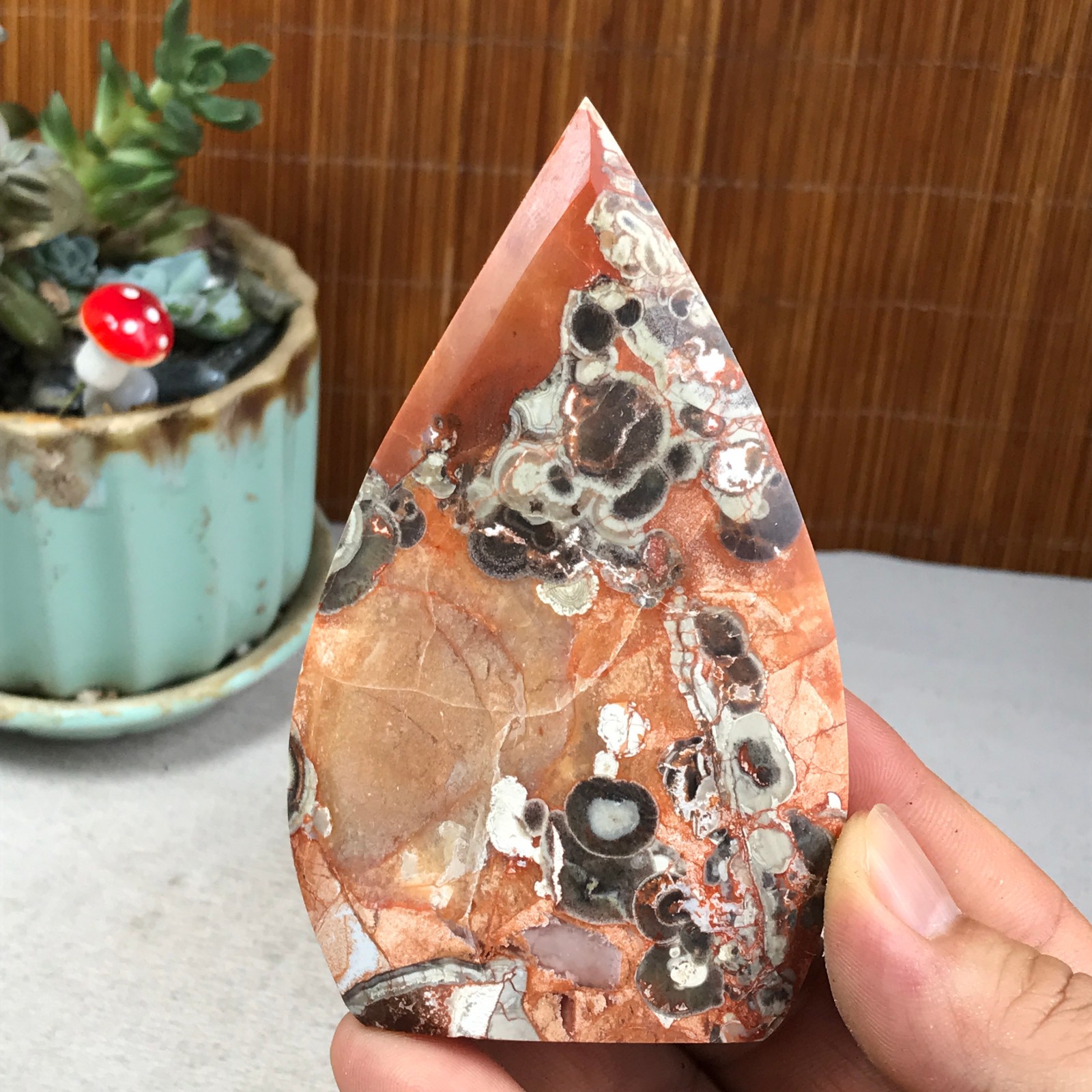 Natural money Mexico agate hand carve leaf Crystal Specimen free standing A6261